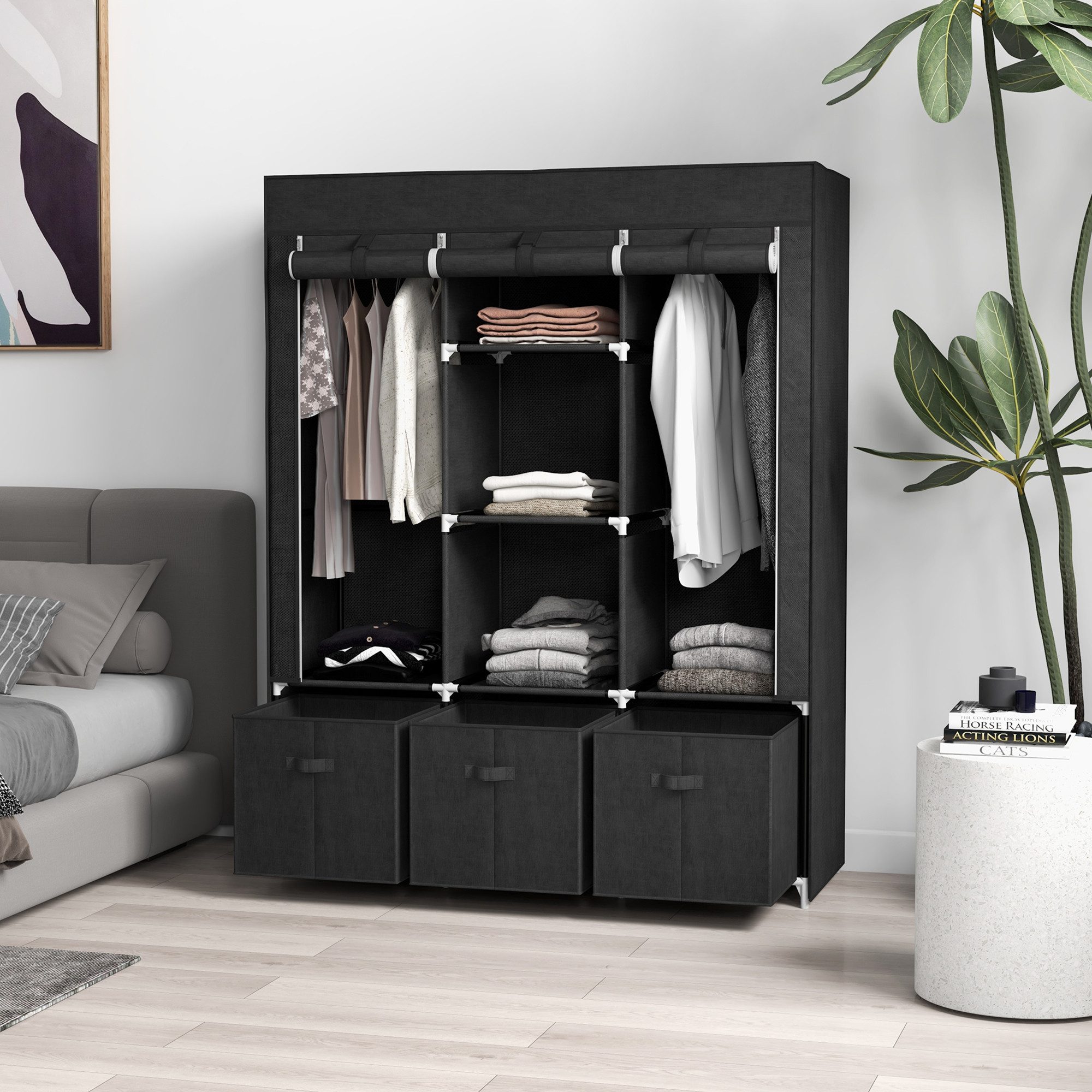 HOMCOM Stoffschrank Kleiderschrank mit Kleiderstange, Schubladen, Reißverschluss (Faltbare Garderobe, 1-St., Faltschrank) Schwarz, 125 x 43 x 162,5 cm