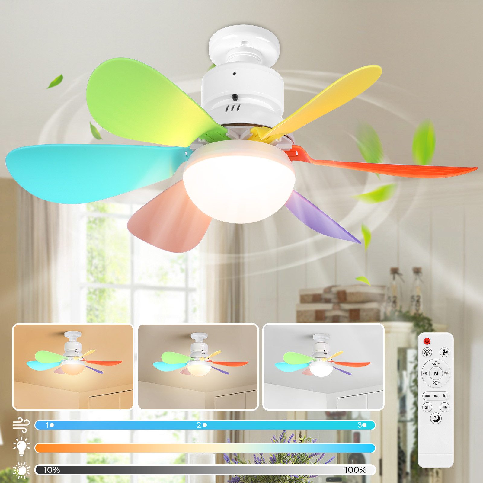 LMaxhome Deckenventilator mit Licht und Fernbedienung Dimmbar LED Deckenleuchte mit Beleuchtung, E27-, mit 6 Flügeln und 3 Windstufen, Timing Funktion für Kinderzimmer