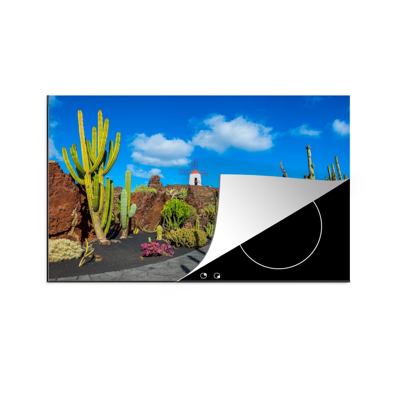 MuchoWow Herdblende-/Abdeckplatte Ein Kaktusgarten auf Lanzarote, Vinyl, (1 tlg), 81x52 cm, Induktionskochfeld Schutz für die küche, Ceranfeldabdeckung