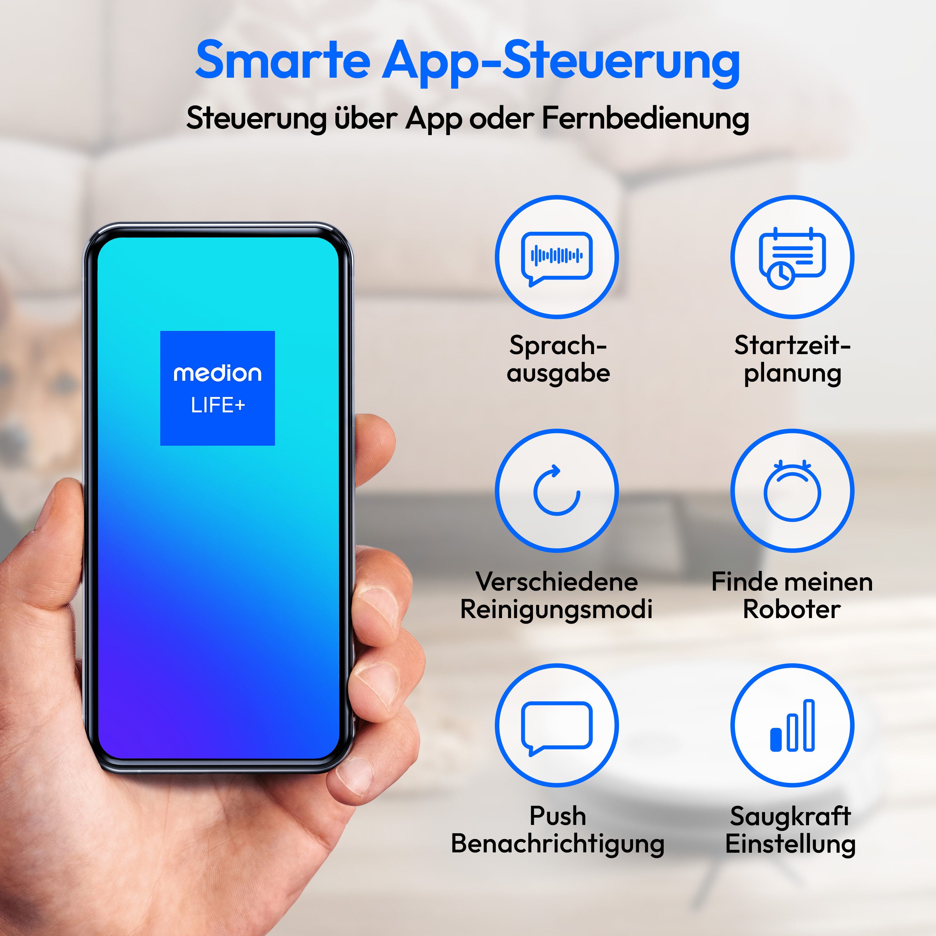 Medion® Saugroboter S35 (MD 11899) mit Wischfunktion intelligente S-Linien Navigation, App-Steuerung, Teppicherkennung, 120 min Laufzeit, Ladestation