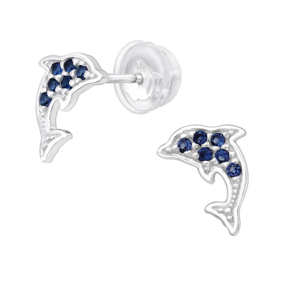BUNGSA Ohrring-Set Ohrstecker Delfin mit blauen Kristallen aus 925 Silber  Damen (1 Paar (2 Stück), 2-tlg), Ohrschmuck Ohrringe