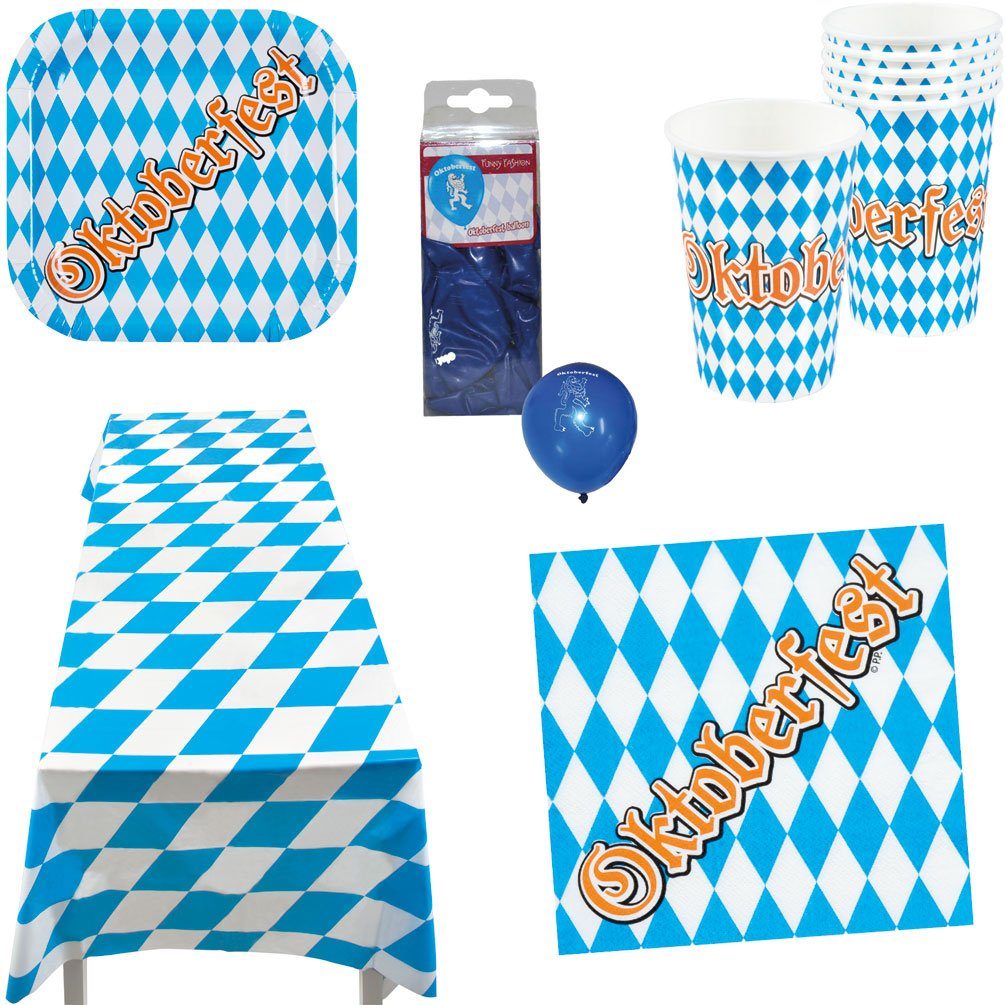 Karneval-Klamotten Einweggeschirr-Set Party Set XXL Bayern Oktoberfest blau-weiß 37 Tlg, Partygeschirr Pappteller Pappbecher Servietten | Einweggeschirr-Sets