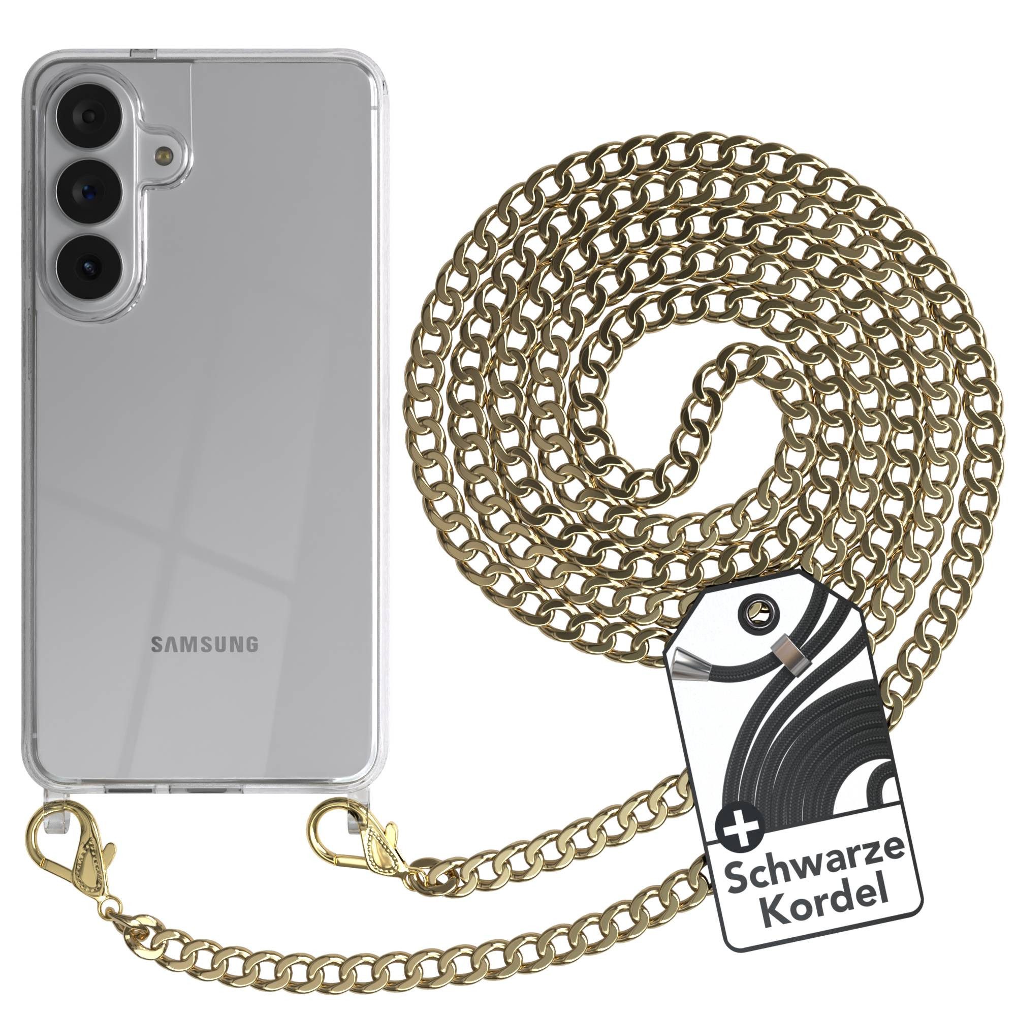 EAZY CASE Handykette 2in1 Metallkette für Samsung Galaxy S26 Plus 6,7 Zoll, Hülle mit Band Silikonhülle durchsichtig Necklace Cover Slimcover Gold