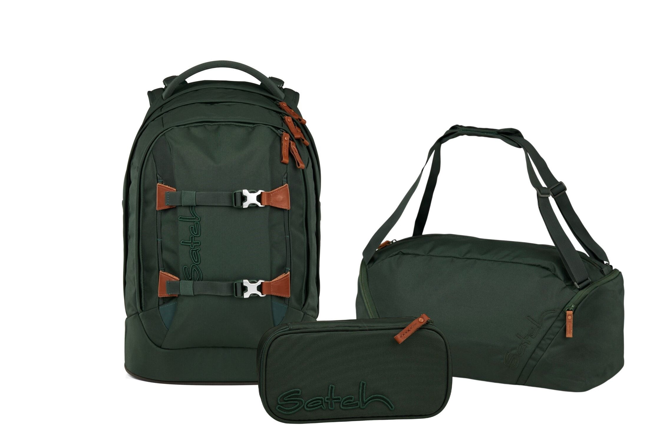 Satch Schulranzen Schulrucksack-Set PACK Nordic Forest Green 3-teilig (3-teilig), ergonomisch, Your-Size-System: auf Körpergröße anpassbar