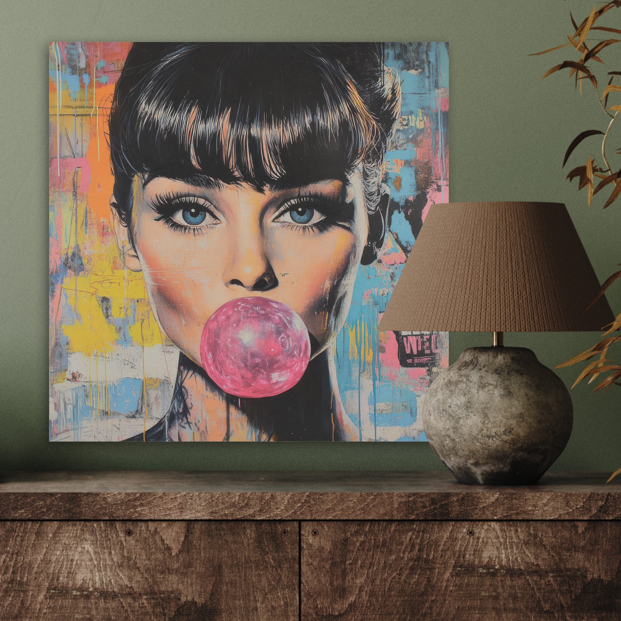 MuchoWow Gemälde Kaugummi - Frau - Pinselstriche - Modern, Fotodruck (1 St), Akustikbilder PET-Filz, Wandpaneele, Akustikpaneele 40x40 cm
