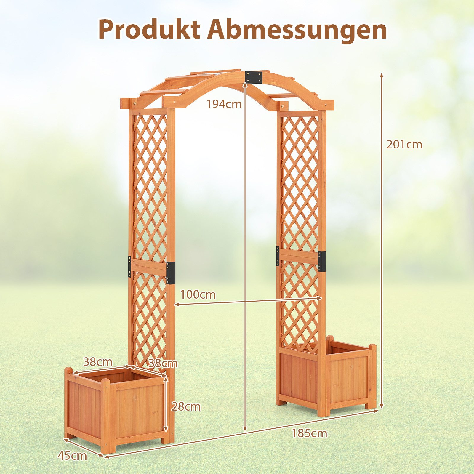 COSTWAY Rosenbogen, 1 St., Gartenbogen, mit Blumenkasten, für Kletterpflanzen, 201cm hoch