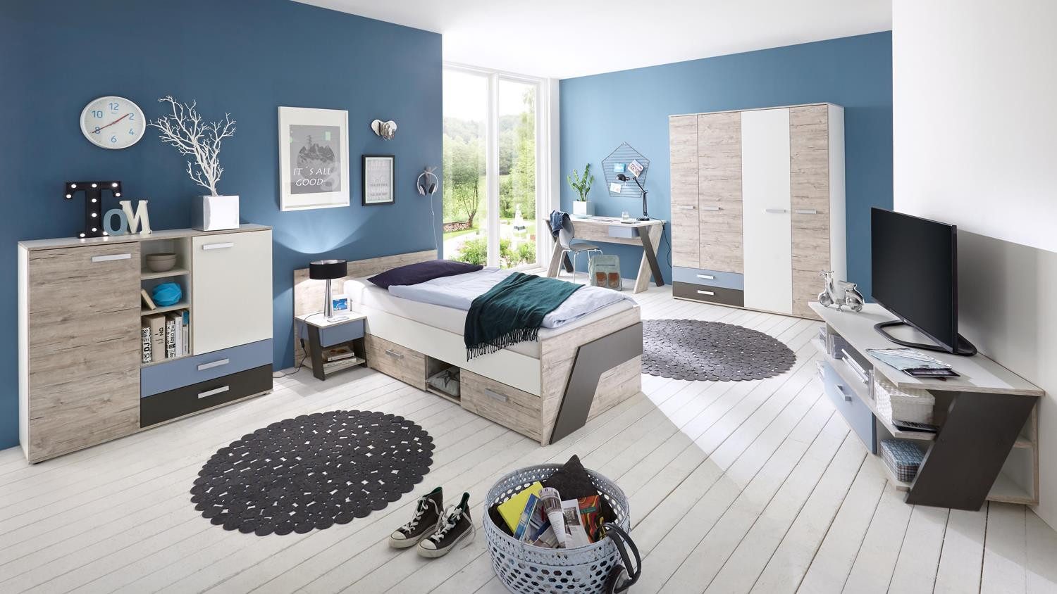 FMD Jugendzimmer-Set Jugendzimmer Set Nona Kinderzimmer 6-teilig Sandeiche weiß mehrfarbig, (6-tlg)