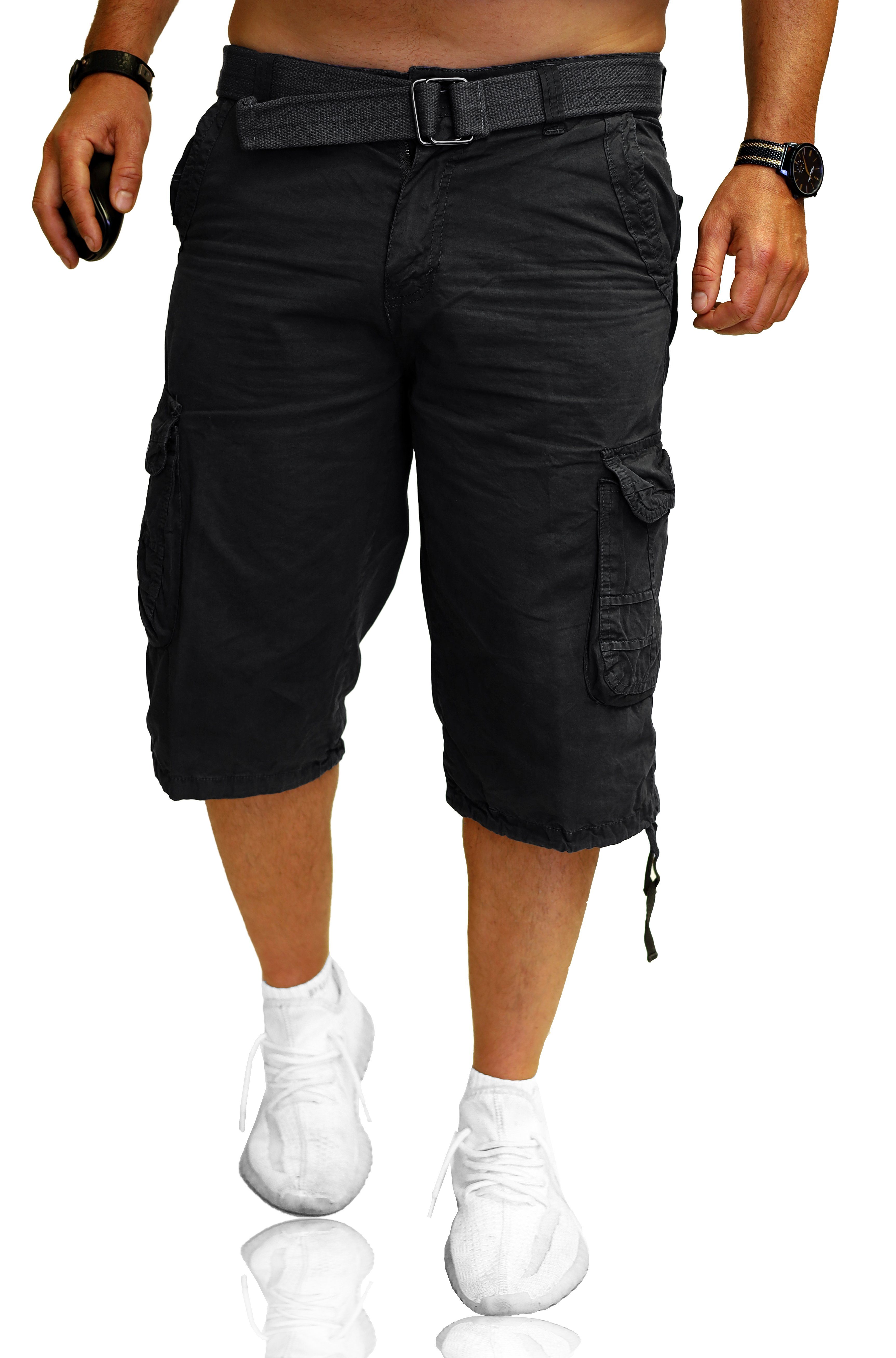 RMK Cargoshorts Herren Short Shorts Bermuda kurze Hose Cargos + Gürtel aus Baumwolle, in Unifarbe Schwarz