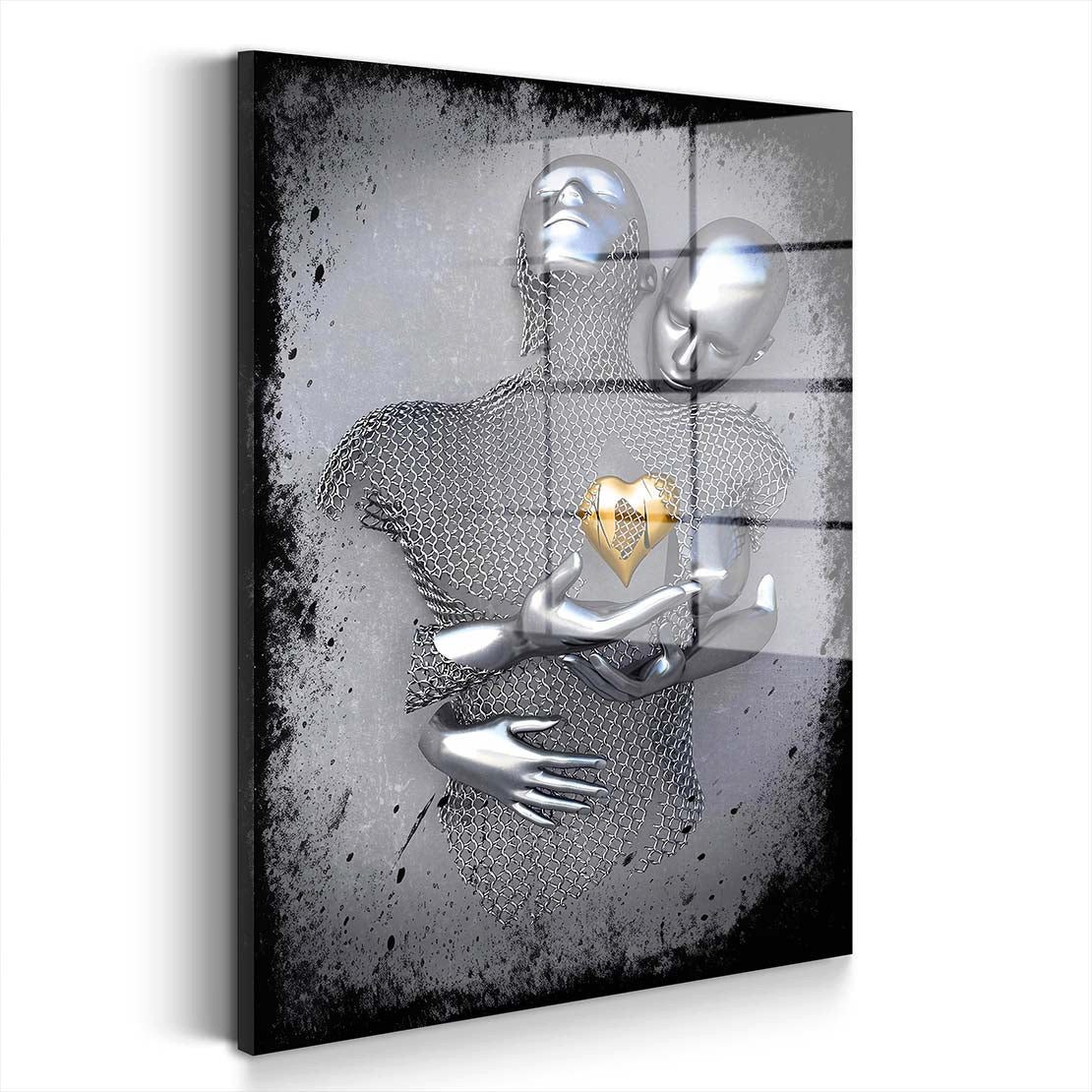 Artedinoi Acrylglasbild Metallfigur Liebespaar Acrylglasbild Wandbild Abstrakt Silber XXL, Zwei Metallfiguren in inniger Umarmung als Sinnbild der Liebe.