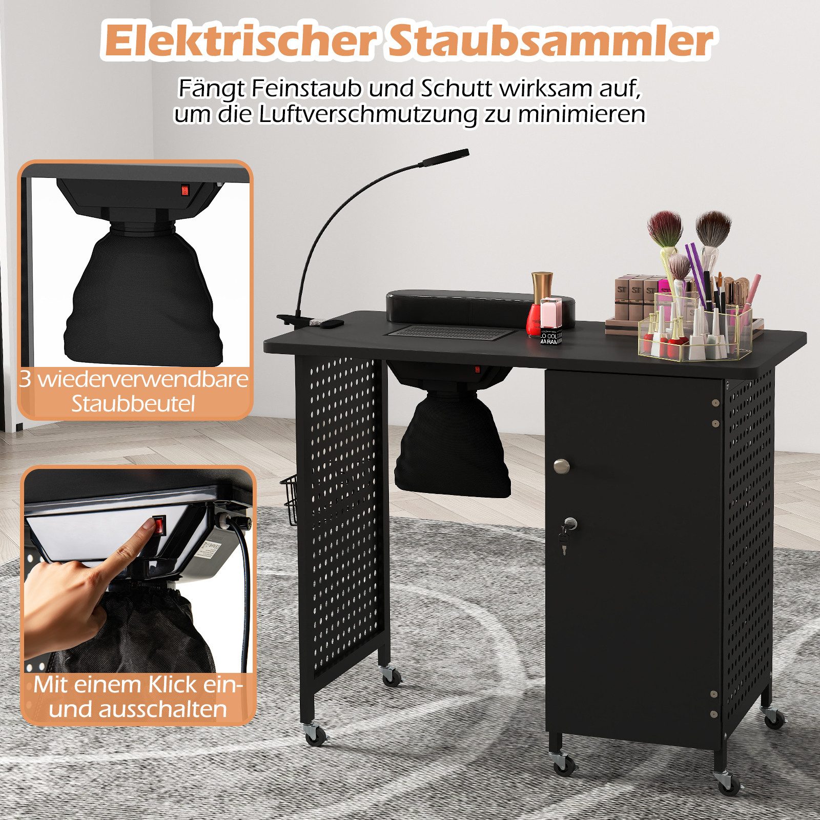 KOMFOTTEU Arbeitstisch, Nageltisch Nagelfrisiertisch mit Staubbeuteln & Abnehmbarer Kasten