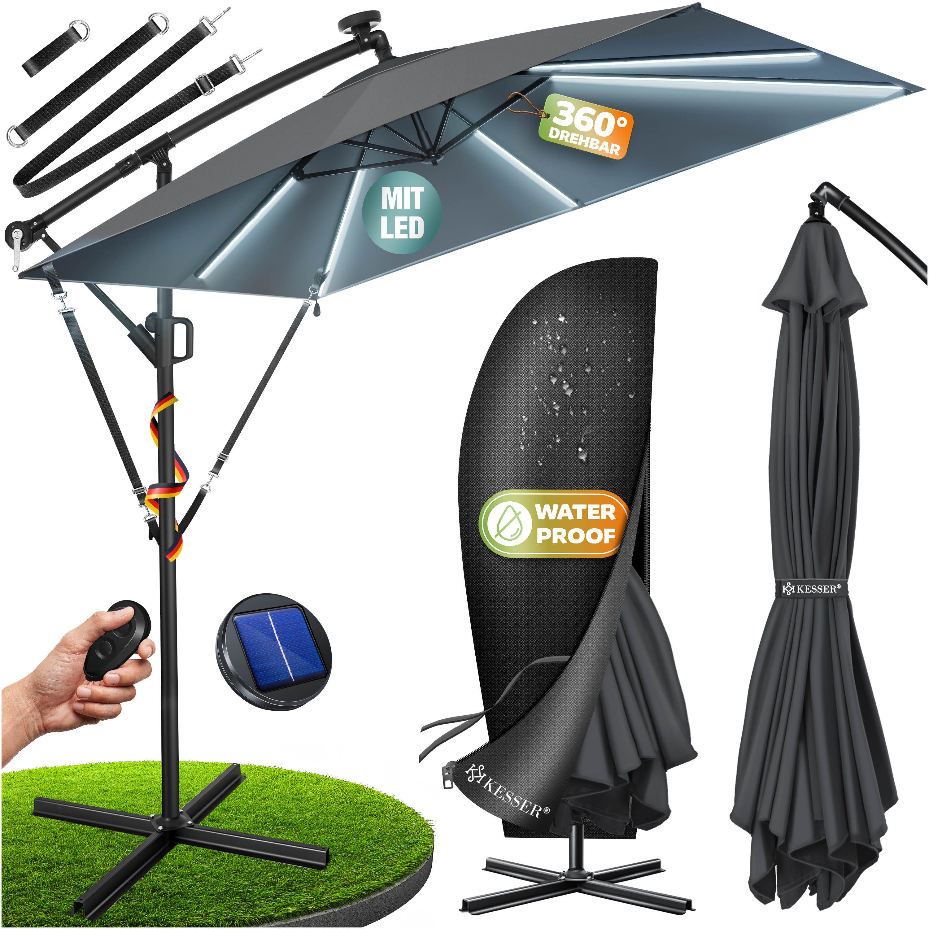 KESSER Ampelschirm, Ø350cm Sonnenschirm inkl. Abdeckung & Windsicherung, wetterfest