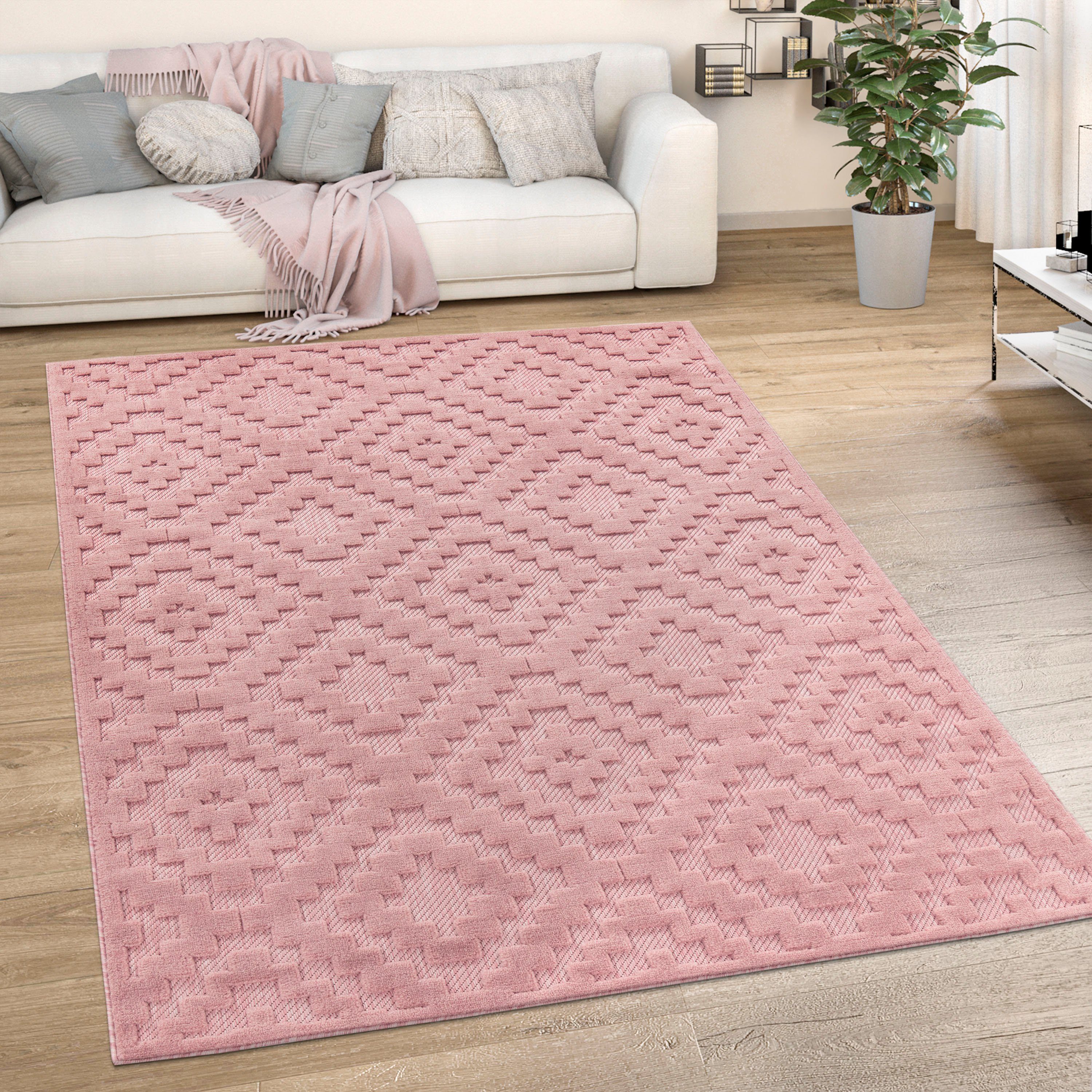 Teppich Livorno 672, Paco Home, mm, pink Scandi, Outdoor 14 Höhe: Hoch-Tief Uni-Farben, Effekt, rechteckig, Muster, geeignet Rauten