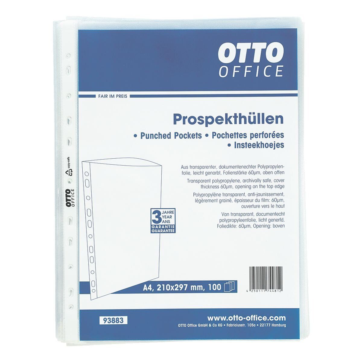 Otto Office Prospekthülle Standard, 100 Stück, genarbt, Format A4, Multilochung, Öffnung oben