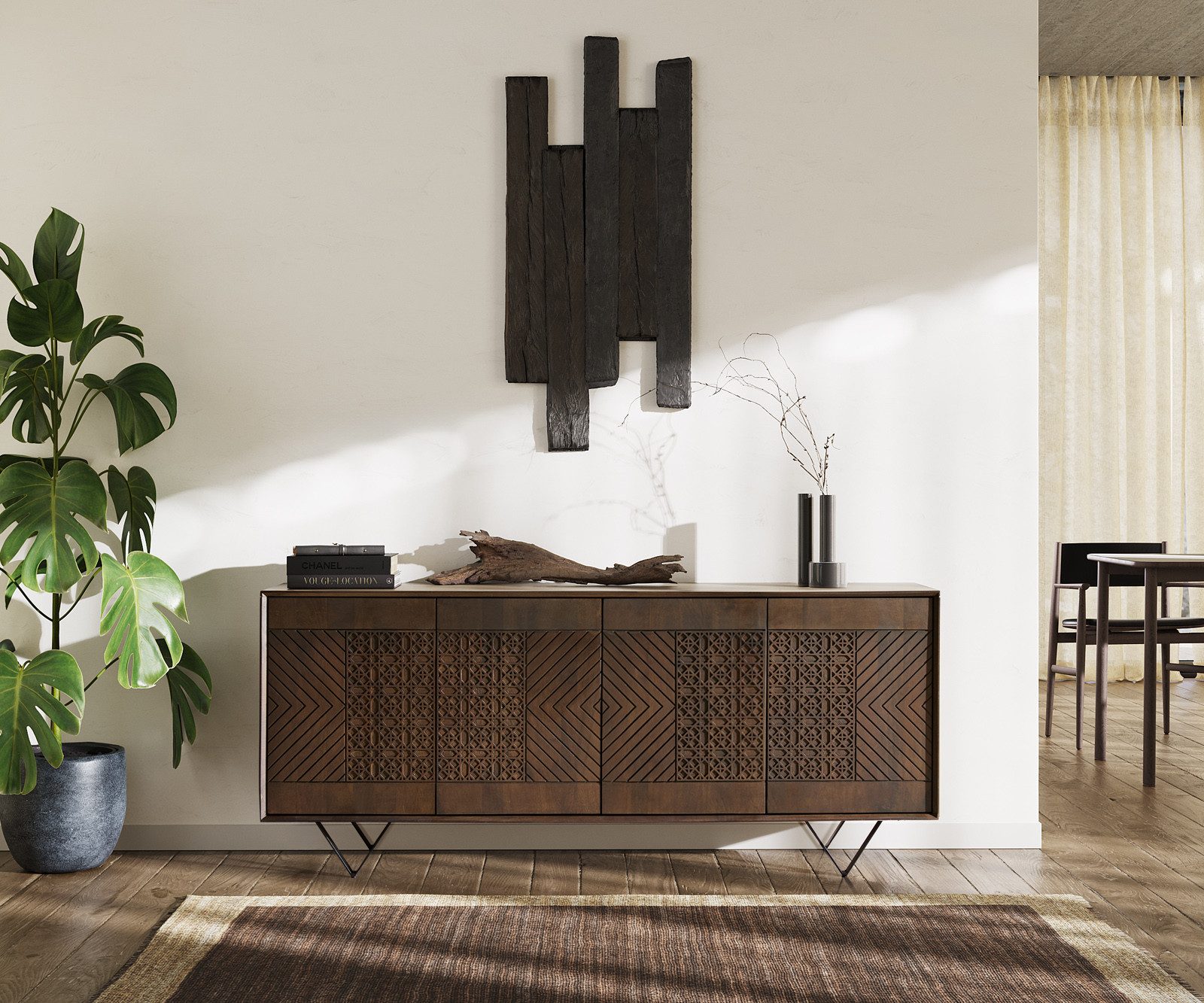 DELIFE Sideboard Manjula, Mango Braun 170 cm 4 Türen V-Fuß Metall Schwarz Sideboard