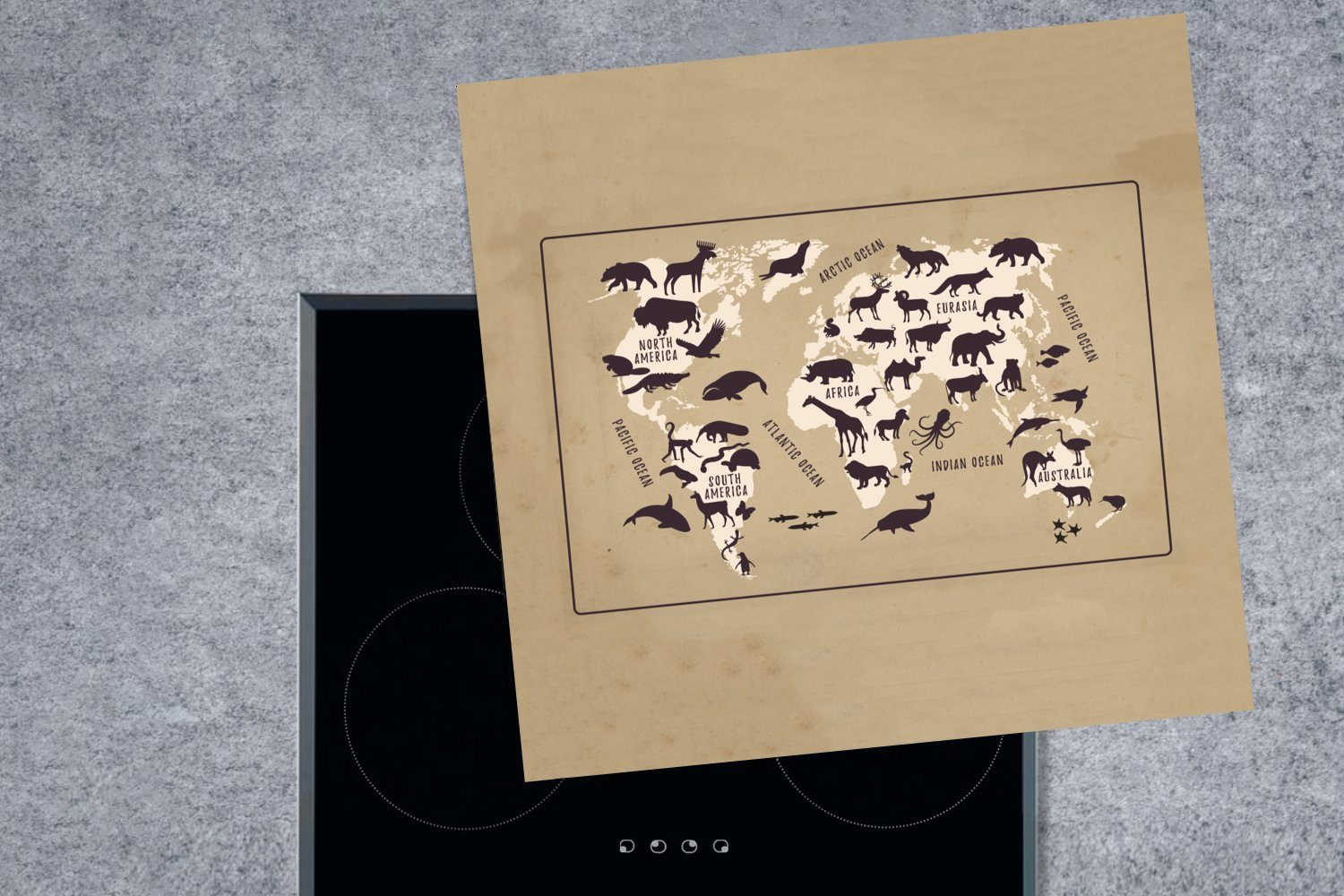 Ceranfeldabdeckung, 78x78 Vinyl, - cm, für tlg), Arbeitsplatte MuchoWow Weltkarte küche Kinder - Braun, Tiere (1 Herdblende-/Abdeckplatte