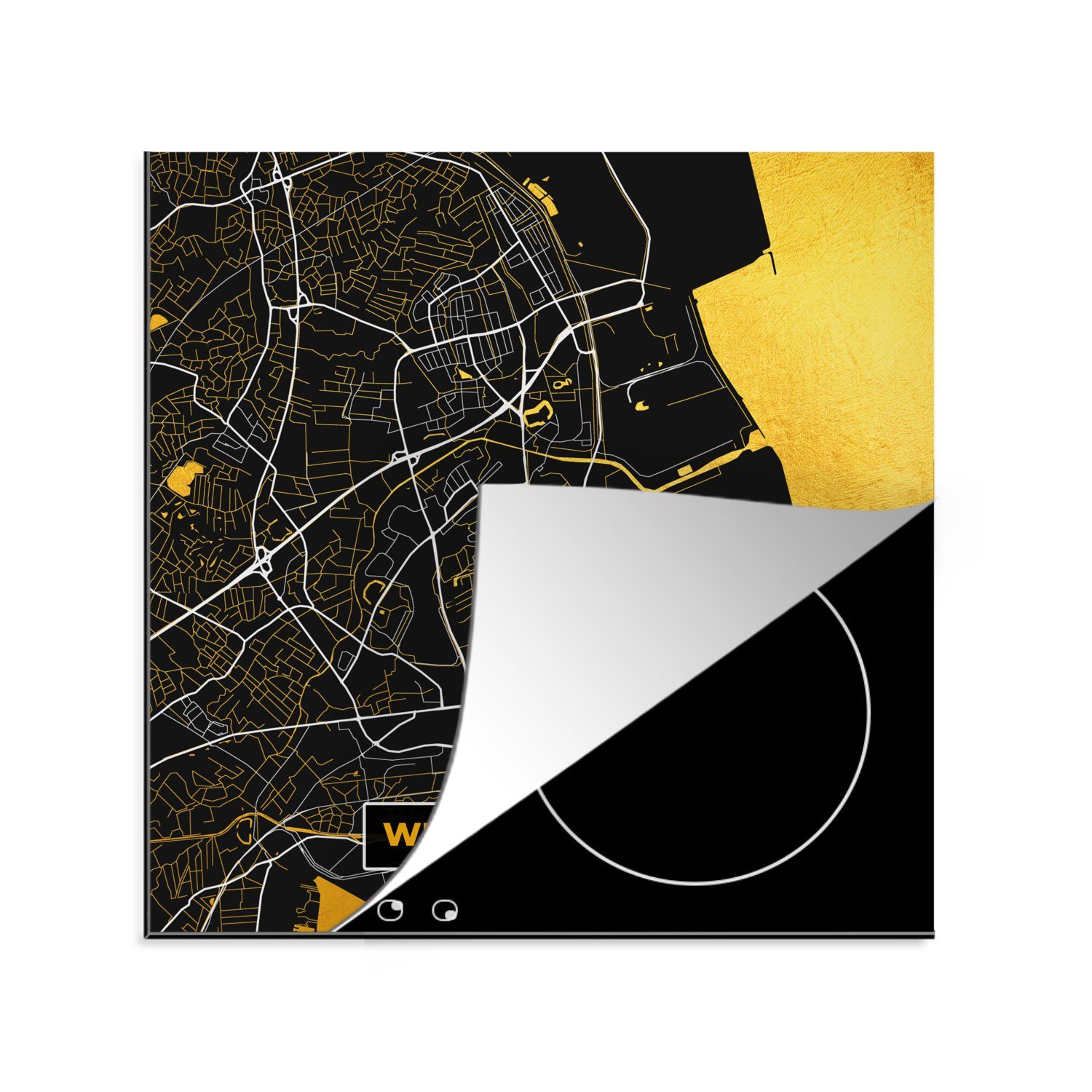 MuchoWow Herdblende-/Abdeckplatte Wilhelmshaven - Stadtplan - Gold - Deutschland - Karte, Vinyl, (1 tlg), 78x78 cm, Ceranfeldabdeckung, Arbeitsplatte für küche