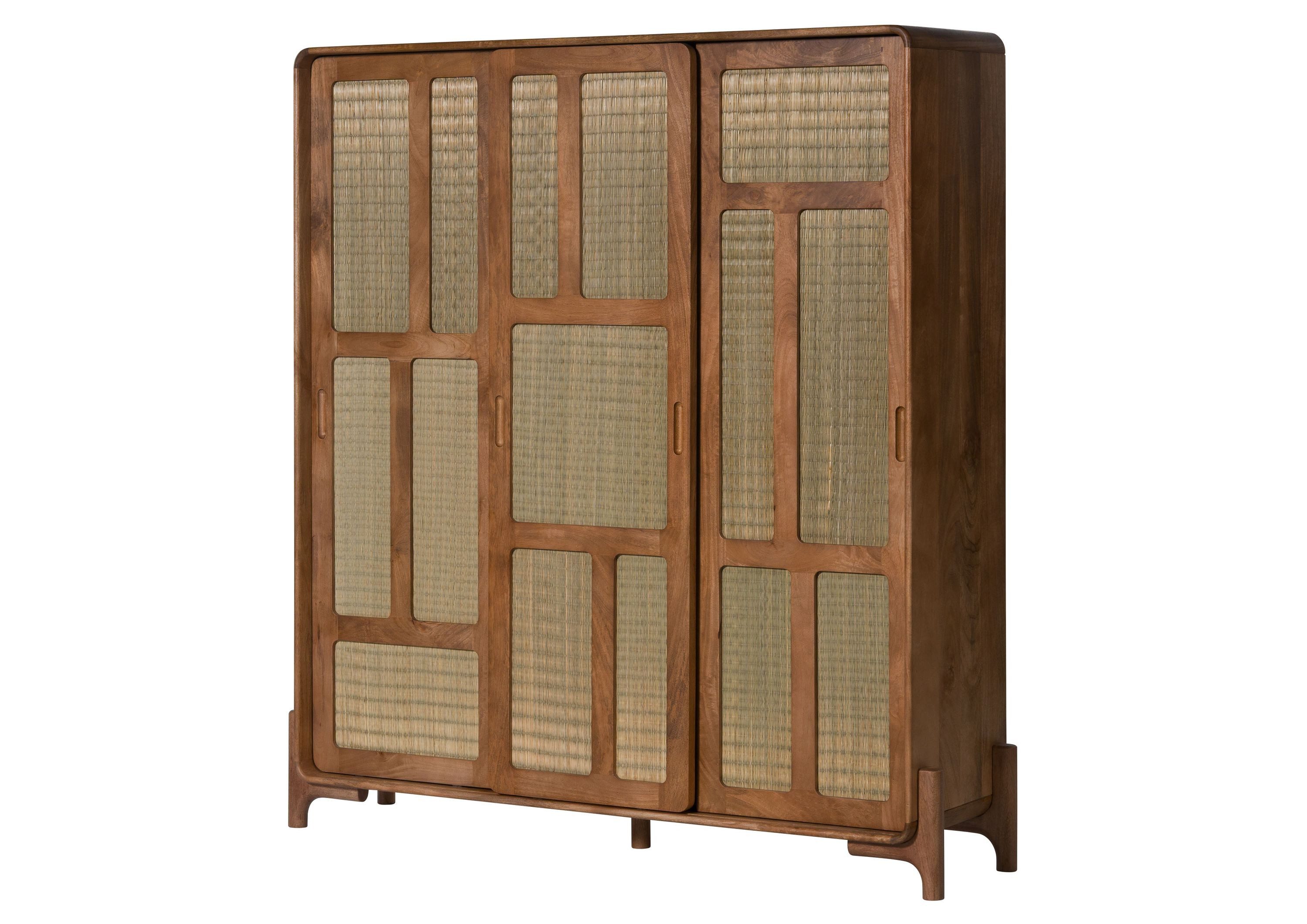 Massivmoebel24 Highboard MIZUMI (Massivholz), Mango/Seegras 150x40x160 hellbraun lackiert MIZUMI #119