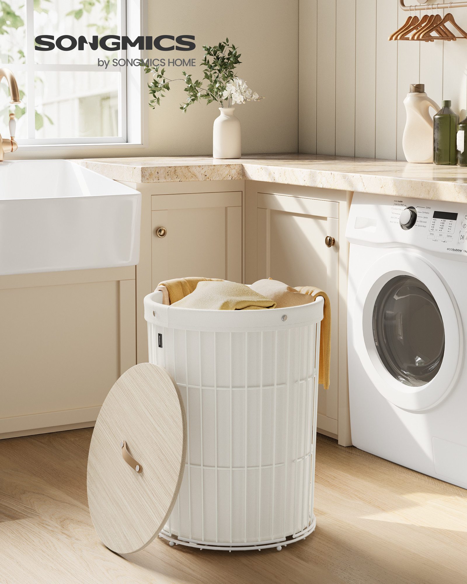 SONGMICS Wäschekorb, mit Deckel, Wäschesammler rund, 95 L, herausnehmbarer günstig online kaufen