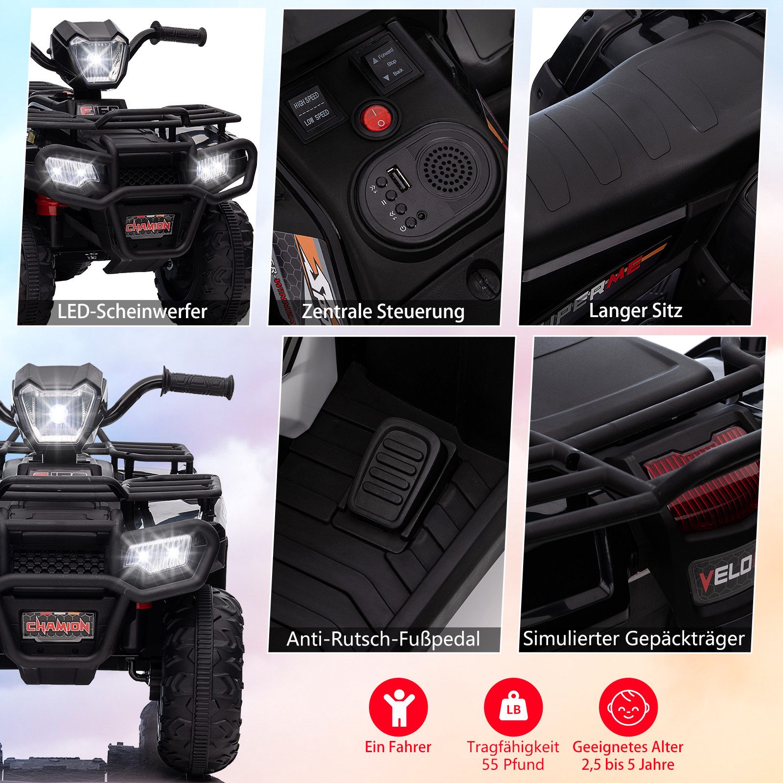 GarveeMore Elektro-Kinderquad 12V Elektro-Quad für Kinder – LED-Beleuchtung, USB-Musikwiedergabe