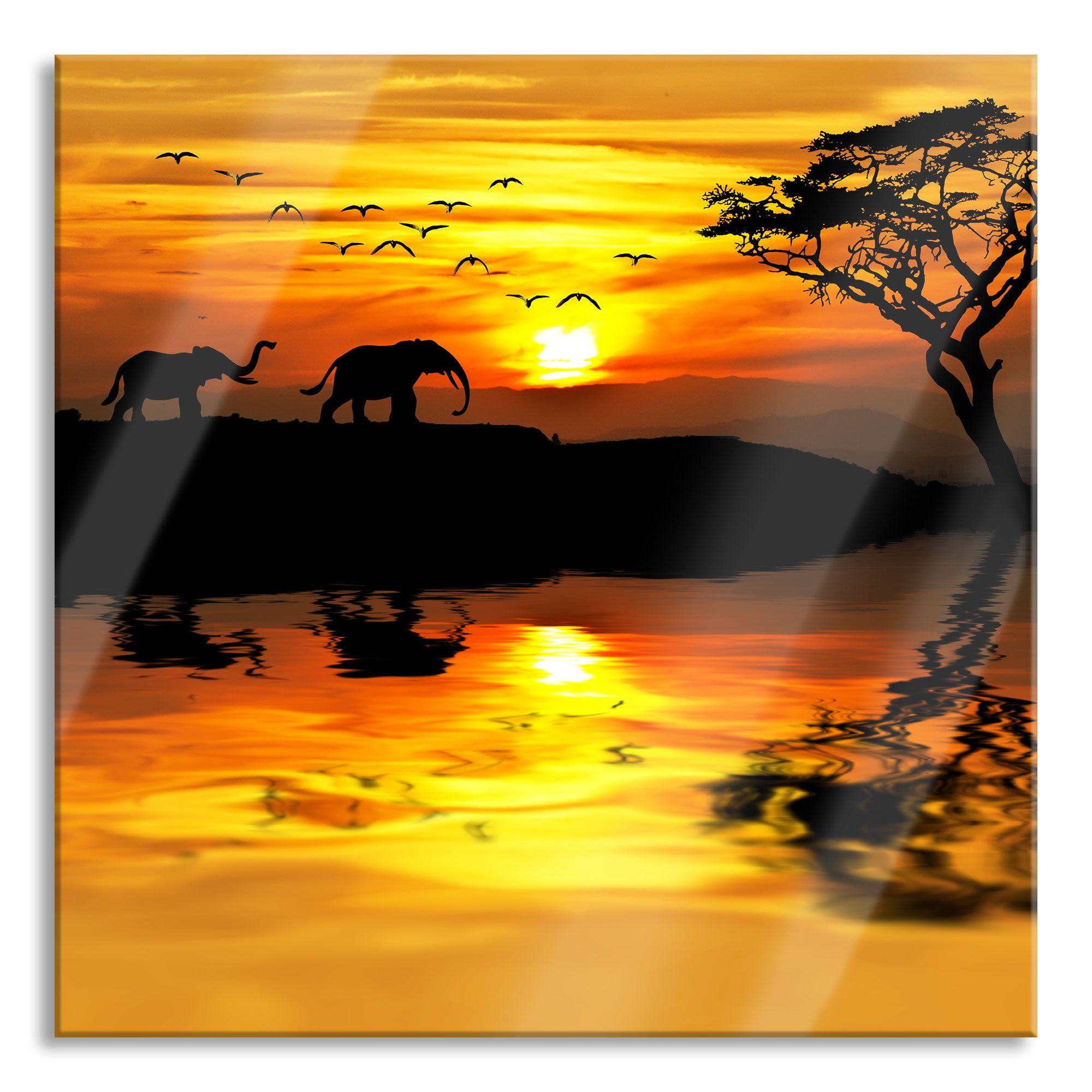 Pixxprint Echtglas, in inkl. in Afrikanischer und Steppe St), aus Elefanten Glasbild Afrikanischer Abstandshalter (1 Glasbild Aufhängungen Steppe, Elefanten