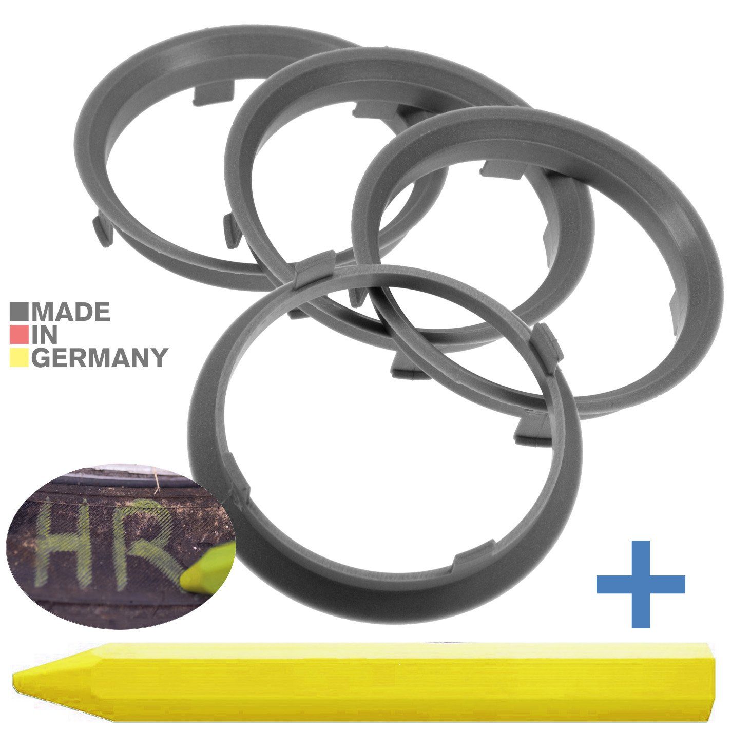 RKC Reifenstift 4X Zentrierringe Silber Felgen Ringe + 1x Reifen Kreide Fett Stift, Maße: 70,1 x 66,6 mm
