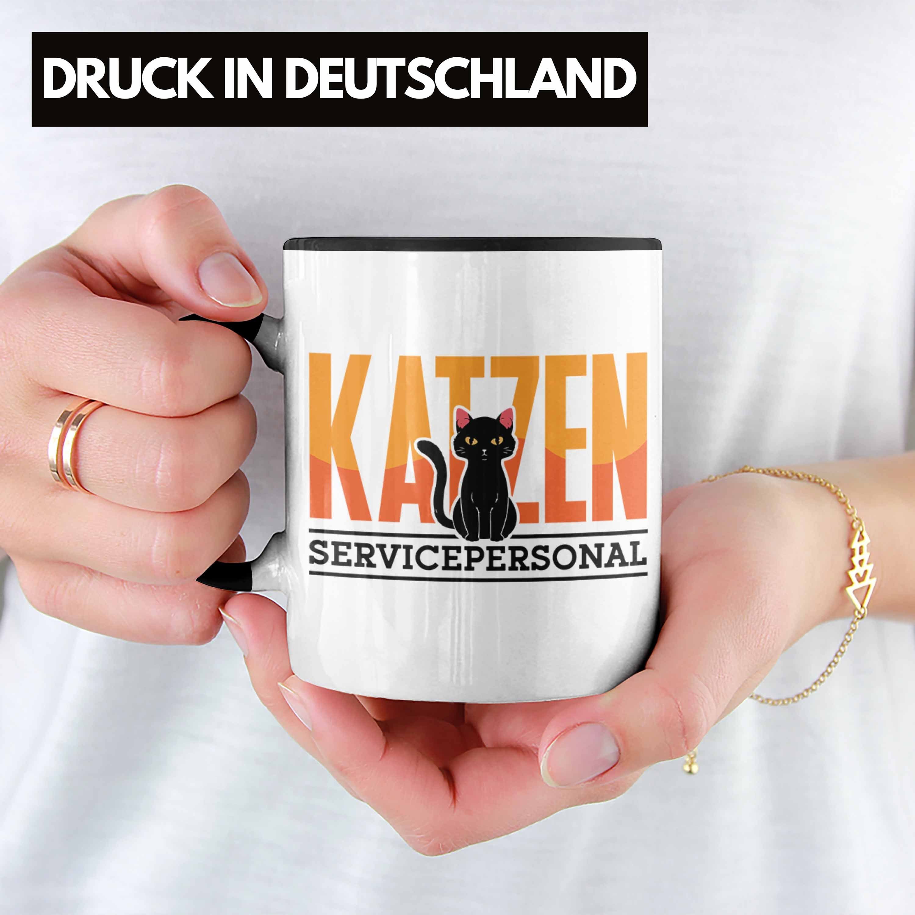 Trendation Tasse Katzen Servicepersonal Tasse Schwarz Spruch Lustig Geschenkidee Katzenbesitze