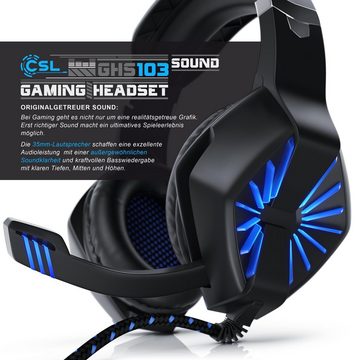 CSL Gaming-Headset (Blaue LED-Beleuchtung; Kopfbügel variabel verstellbar; Bietet kristallklaren Hoch-, Mittel- und Tieftonbereich + dynamische Basswiedergabe, USB Gaming Headset "GHS-102" mit Mikrofon - Kopfhörer für PC (Win XP/7/8/8.1/10), PS4/4 Pro)