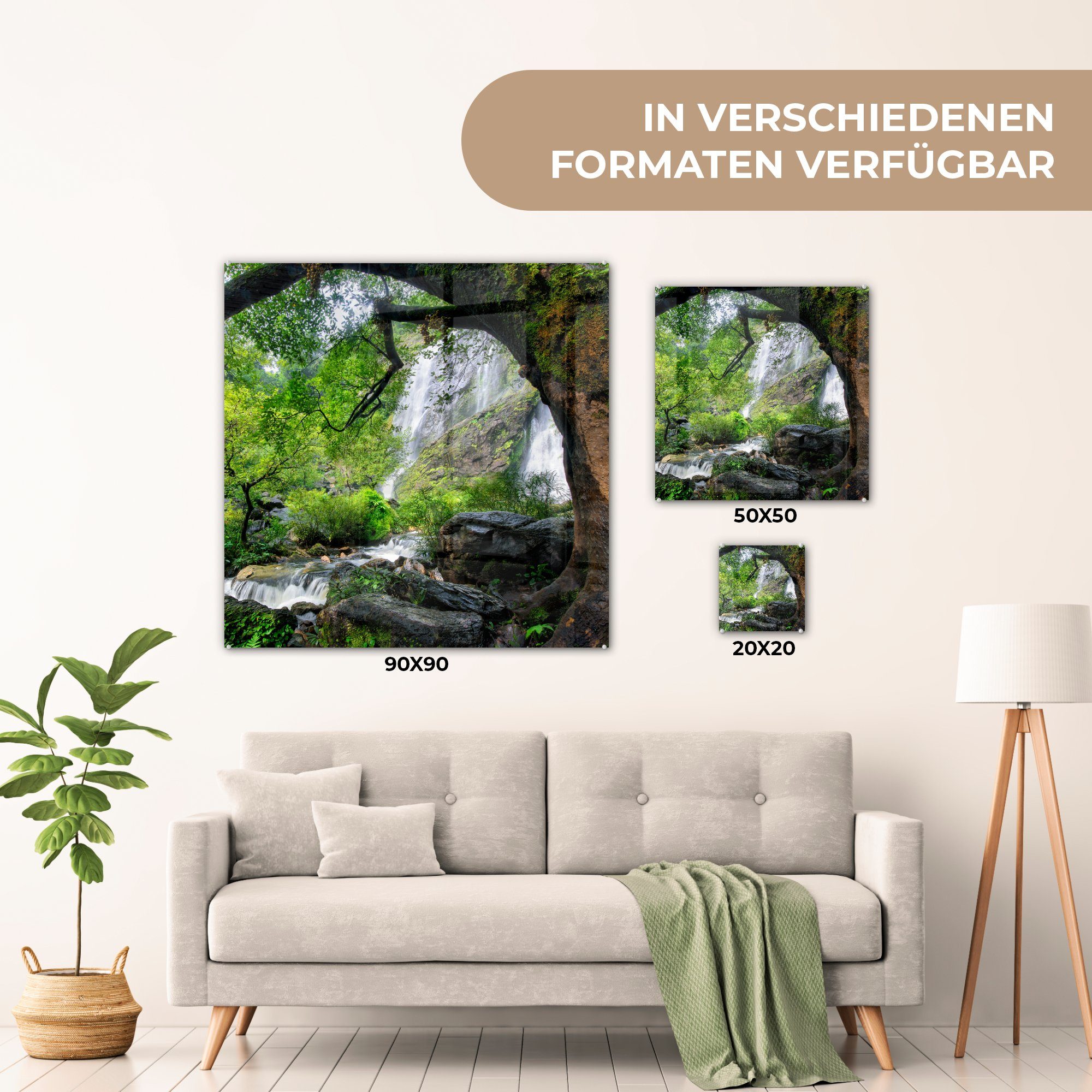 Glas um auf Foto Klong-Lan-Nationalpark, MuchoWow Wasserfall Wanddekoration Glas Viel - St), (1 im steilen auf - Glasbilder Bilder einen Wandbild Vegetation - Acrylglasbild