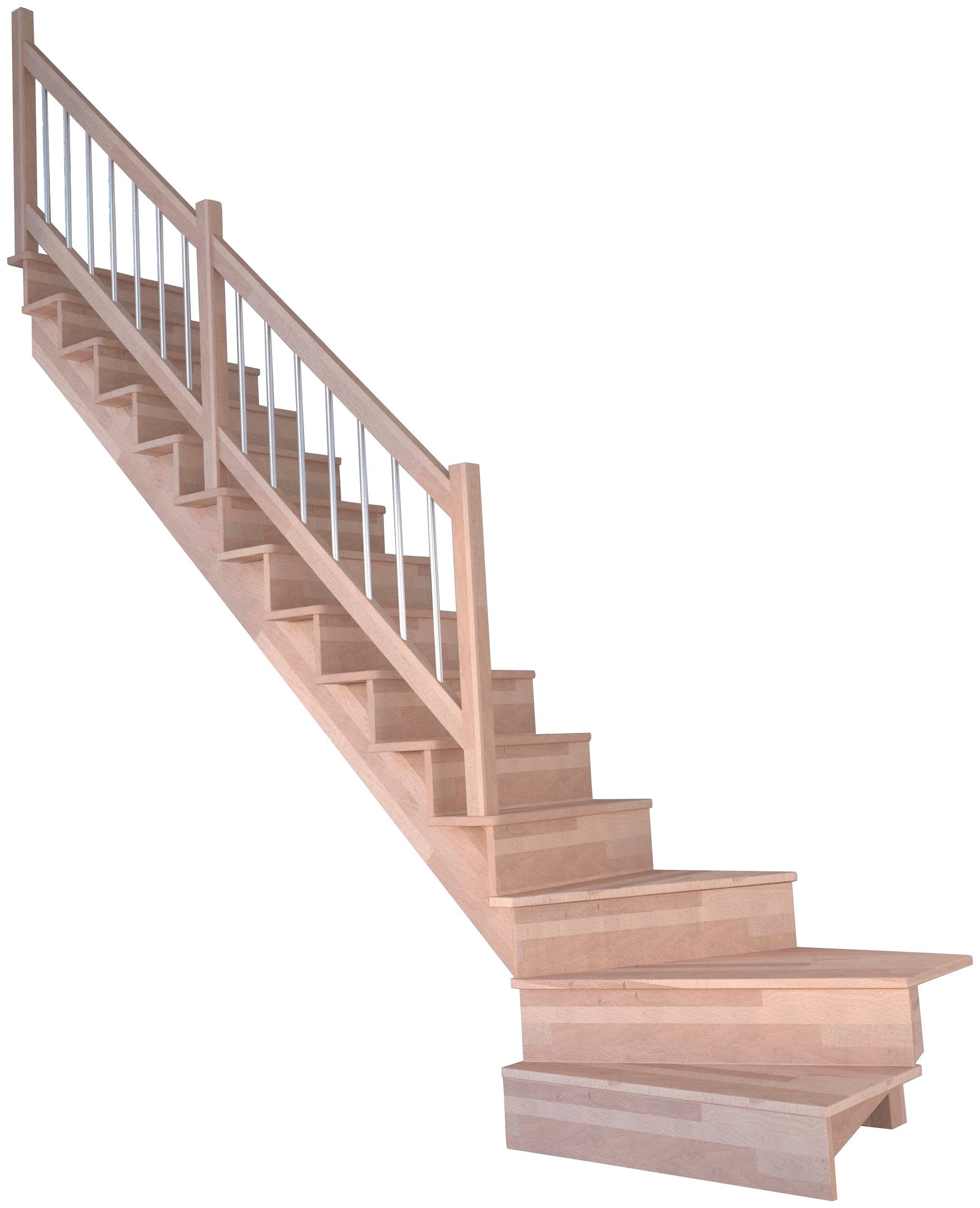 Starwood Systemtreppe Massivholz Lindos, Stufen Durchgehende Holz-Edelstahl, für Wangenteile geschlossen, cm, gewendelt 300 Links, Geschosshöhen bis
