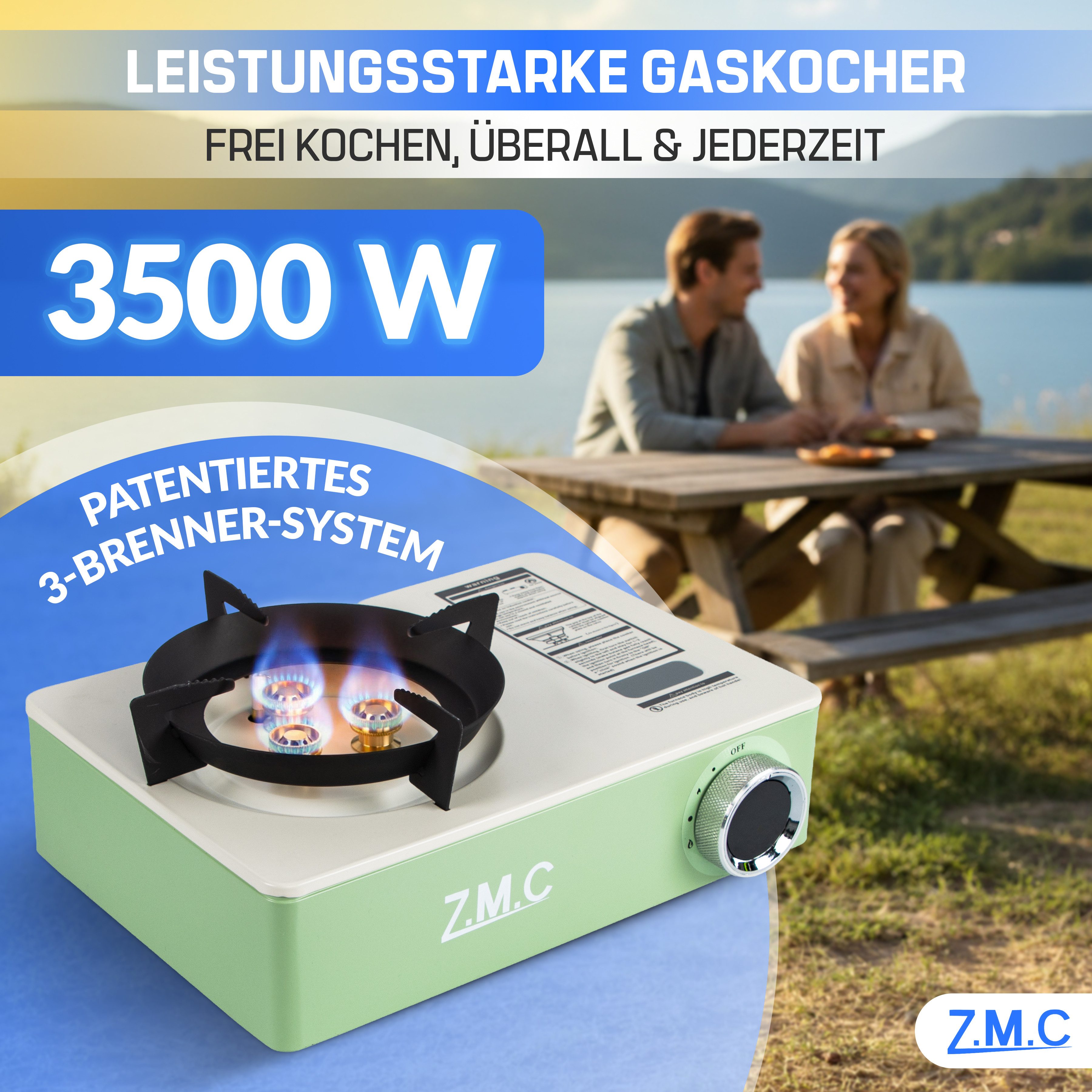 ZMC Gaskocher Gaskocher 1 flammig 3500W mit 3-Brenner-System Inkl. 4x Gaskartuschen, (Campingkocher mit Transportkoffer & Piezo-Zündung, 4-St., kompakt & leicht 1,4 kg, Maße von 29 x 20 x 9 cm), Für Outdoor und indoor, Kocher für Camping & Garten