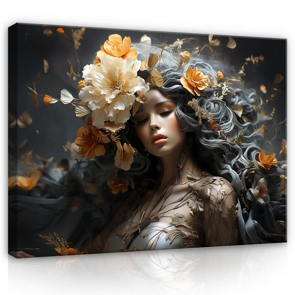 Wallarena Leinwandbild Frau Blumen Kunst Wandbild XXL Leinwandbilder  Modern, Glamour (Einteilig, 1 St), Leinwandbild Leinwand Bilder Bild Groß  Aufhängefertig