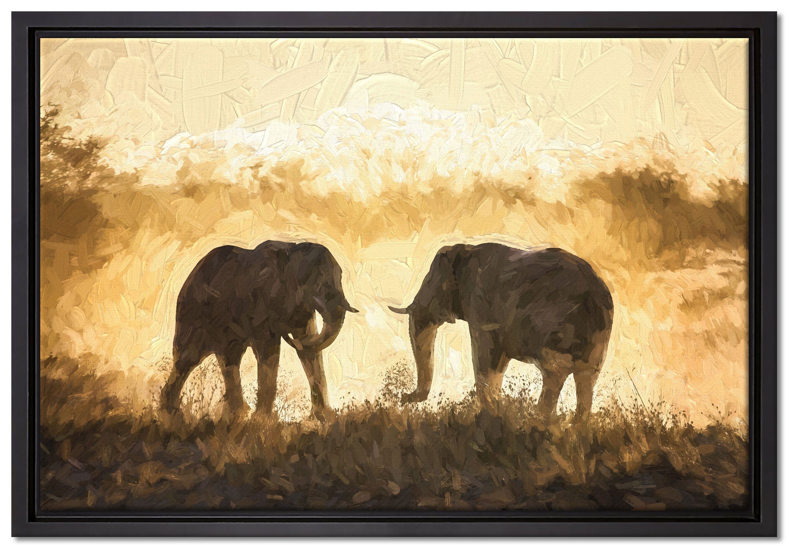Pixxprint Leinwandbild kämpfende Elefanten Kunst, Wanddekoration (1 St), Leinwandbild fertig bespannt, in einem Schattenfugen-Bilderrahmen gefasst, inkl. Zackenaufhänger