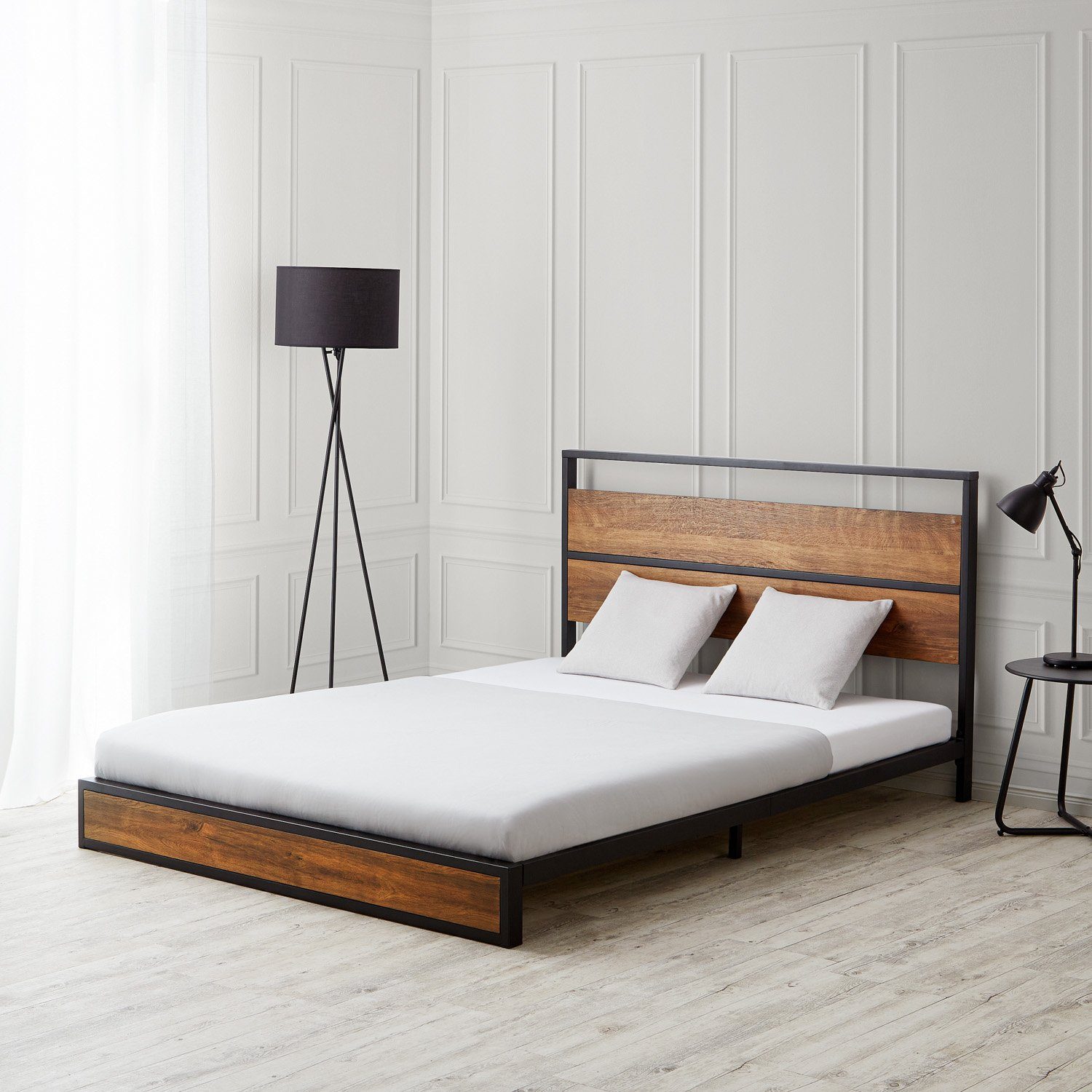 Homestyle4u Metallbett 140x200 Holz Doppelbett mit Kopfteil Schwarz Kiefer (Set, mit Lattenrost), Metall