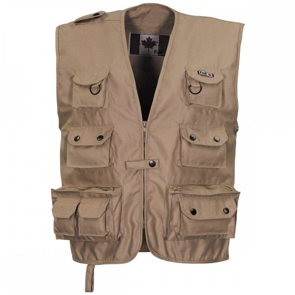 MFH Anglerweste Outdoor Rückentasche große mit schwere - Reißverschluss Weste, Ausführung aufgesetzte seitlichem khaki, XXL