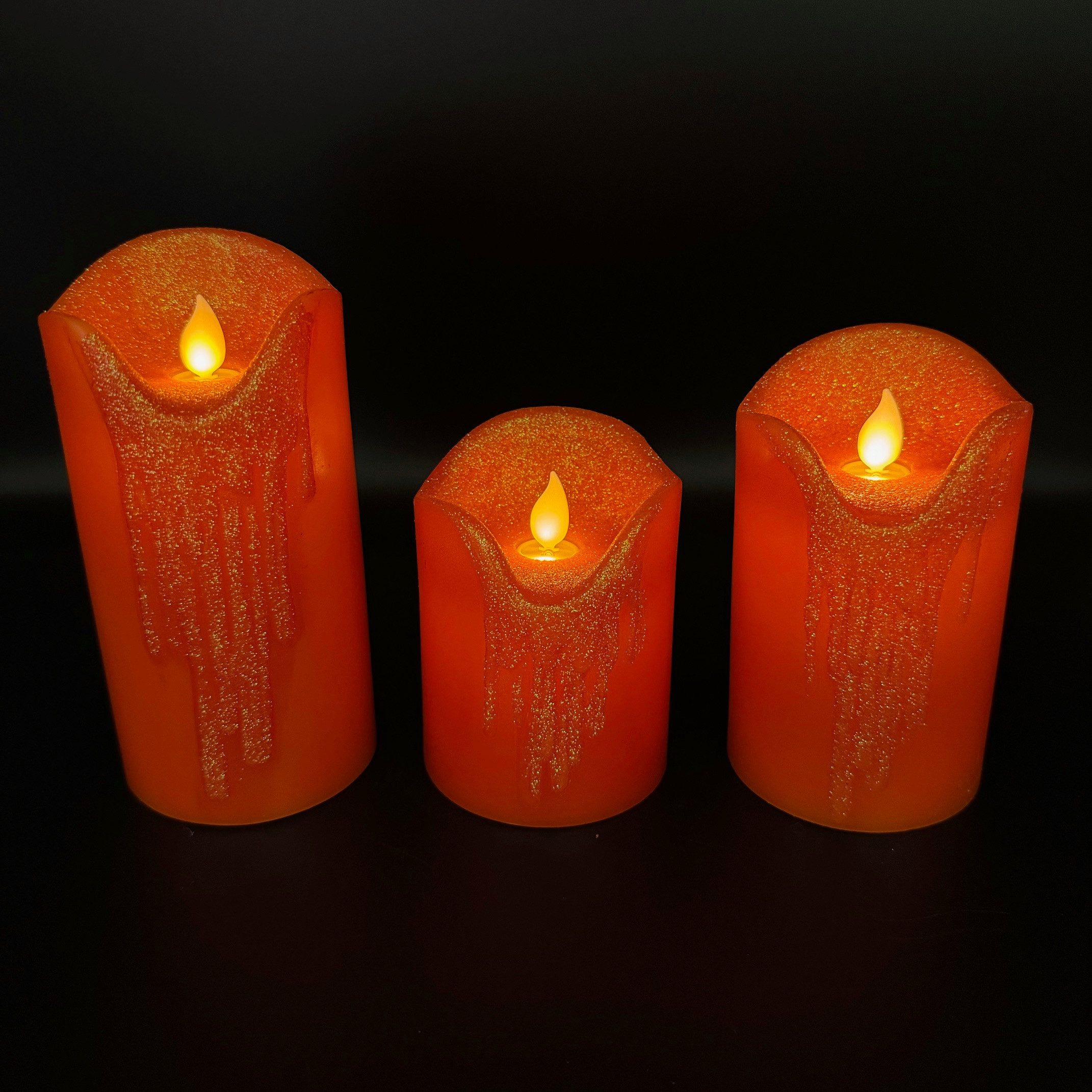 Online-Fuchs LED-Kerze 3er Set LED-Kerzen mit Timer und Glitzertropfenverlauf (Schwarz oder Orange, mit beweglicher Flamme), 6-Stunden Timerfunktion