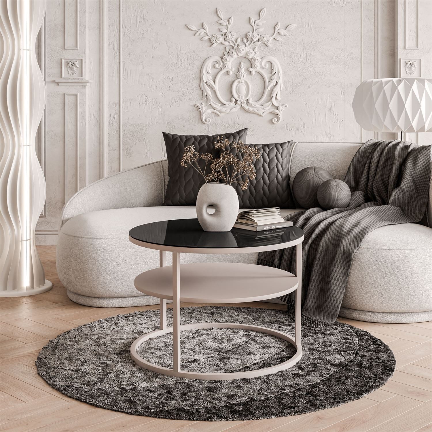 Lookway Couchtisch CIRI GLASS Kaschmir mit Ablage (1 Tisch), Durchmesser: ⌀ 70 cm