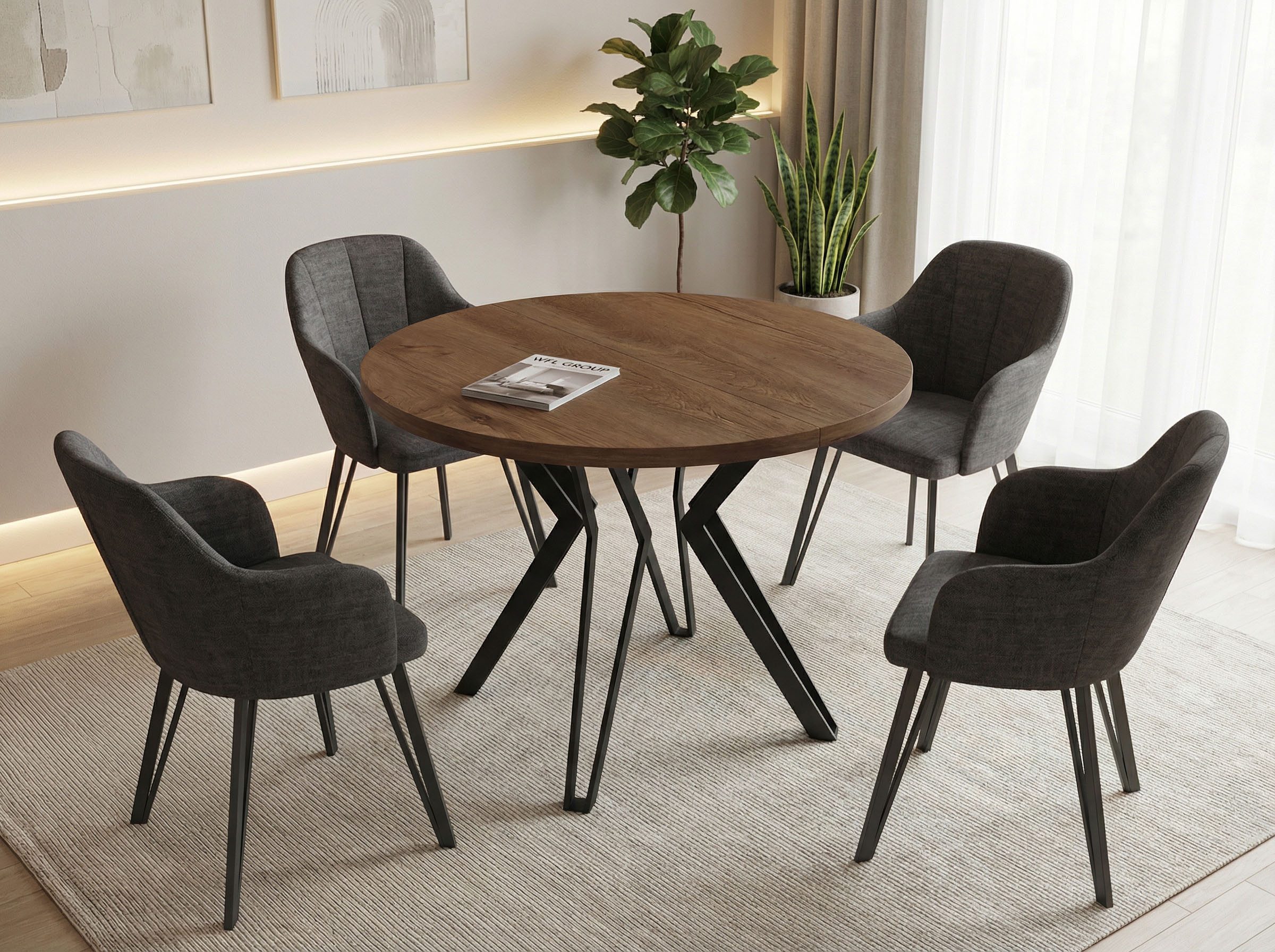 WFL GROUP Esstisch Revena ausziehbarer rund industrial mit schwarzen Metallbeinen (MADE IN EU, erhältlich in zwei Größen – 100/120 cm, ausziehbar auf 180/200 cm), platzsparender Tisch für Küche, Esszimmer oder Wohnzimmer