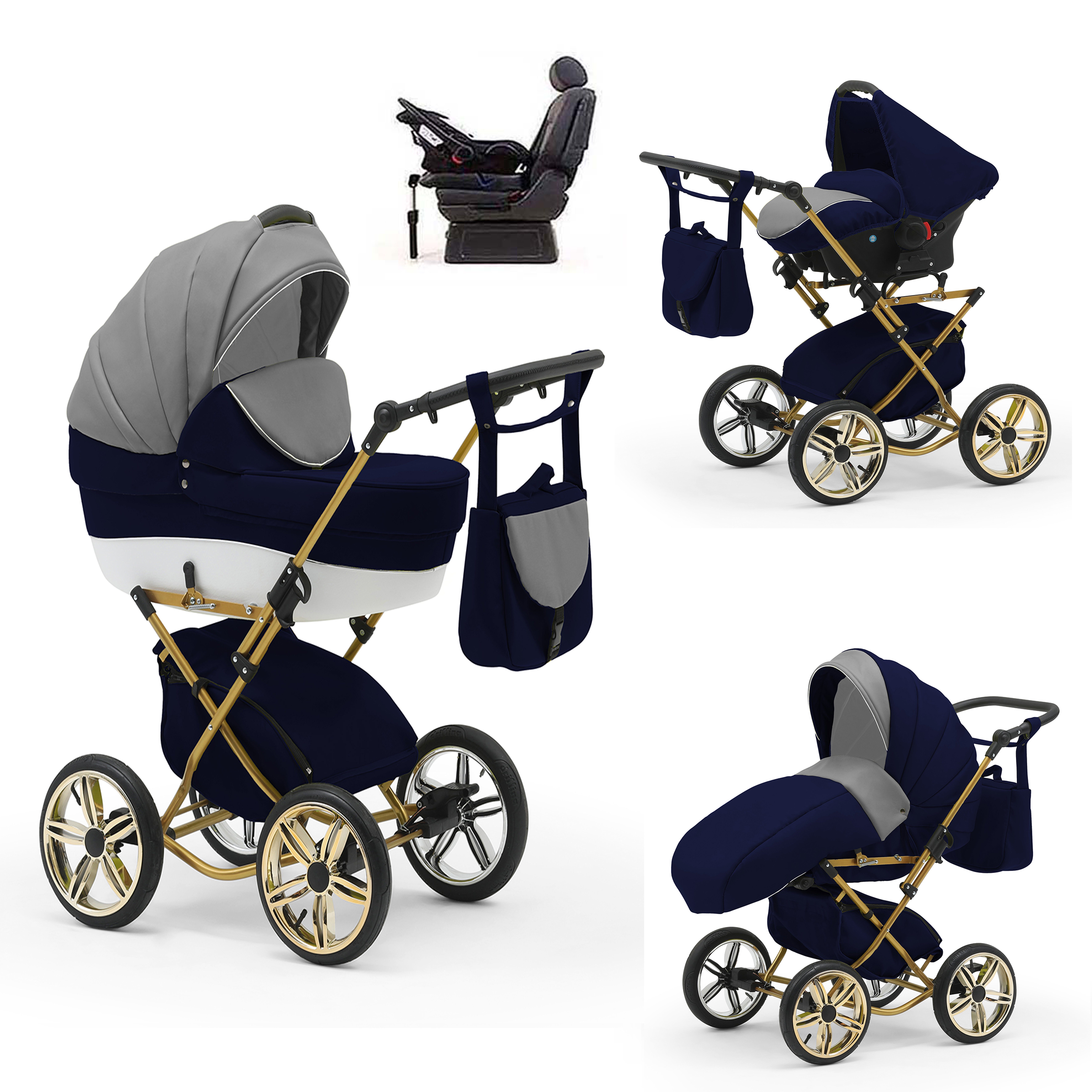 babies-on-wheels Kombi-Kinderwagen Sorento 4 in 1 inkl. Autositz und Iso Base - 14 Teile - in 10 Designs Grau-Navy-Weiß