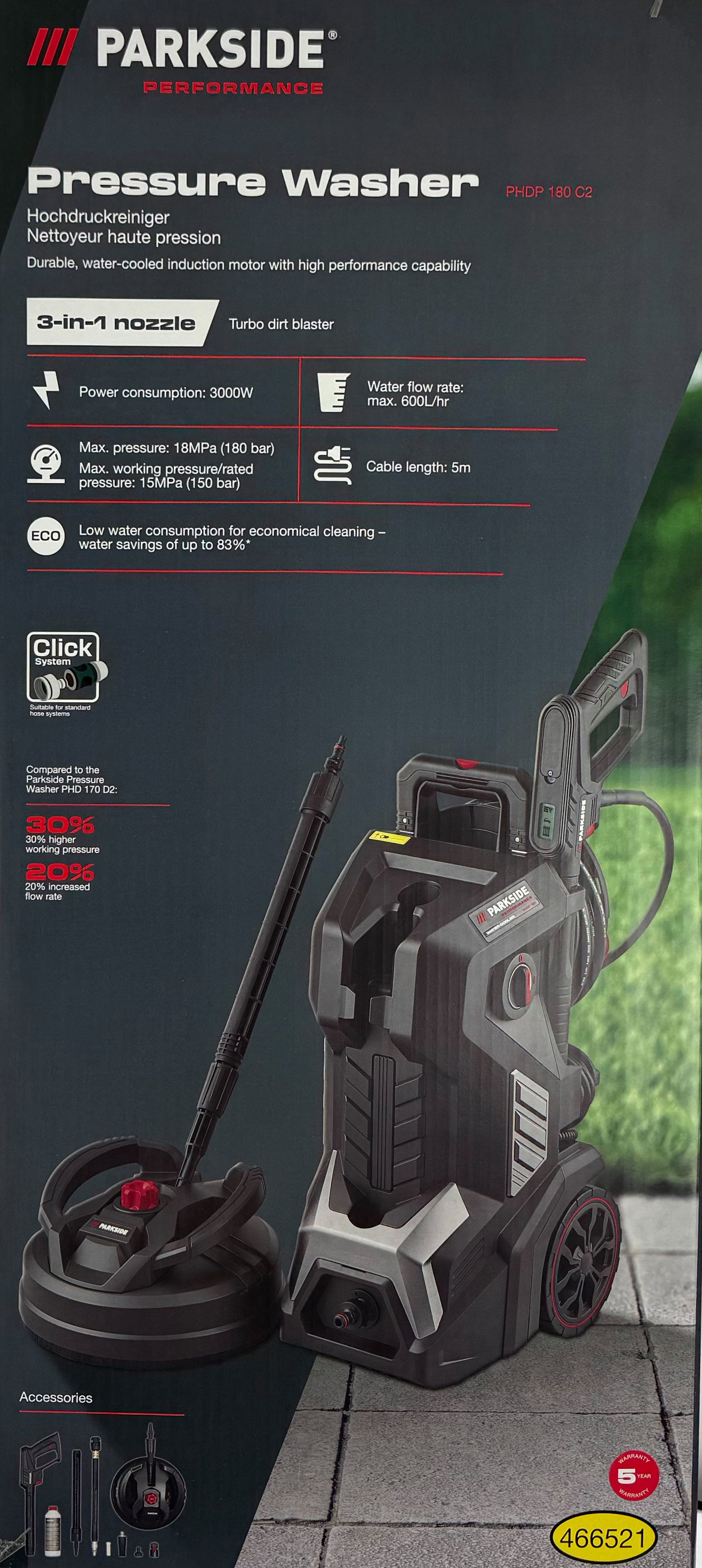 PARKSIDE PERFORMANCE® Hochdruckreiniger PHDP 180 mit 3in1 Düse, Druck max: 180 bar, Fördermenge max: 600 l/h, inkl. 10 m Anti-Twist-Hochdruckschlauch