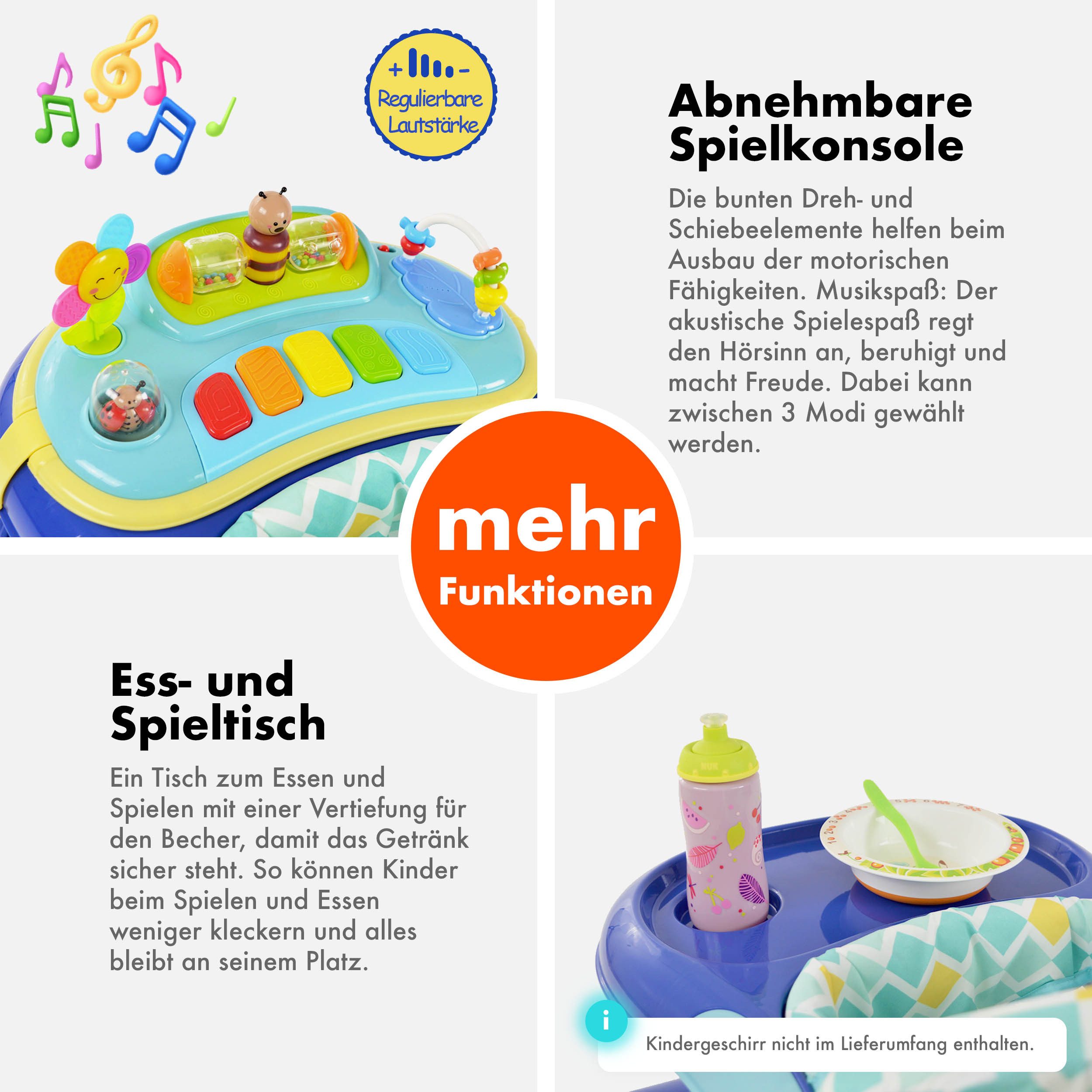 Daliya® Babywalker BEBISTEP 4in1 Lauflernwagen, Babywippe, Babywalker mit Musik, (4-tlg., Im Set ist ein batteriebetriebenes Spielcenter enthalten), Lauflernhilfe und Babywippe mit Musik und Licht, Spiel-und Esstisch