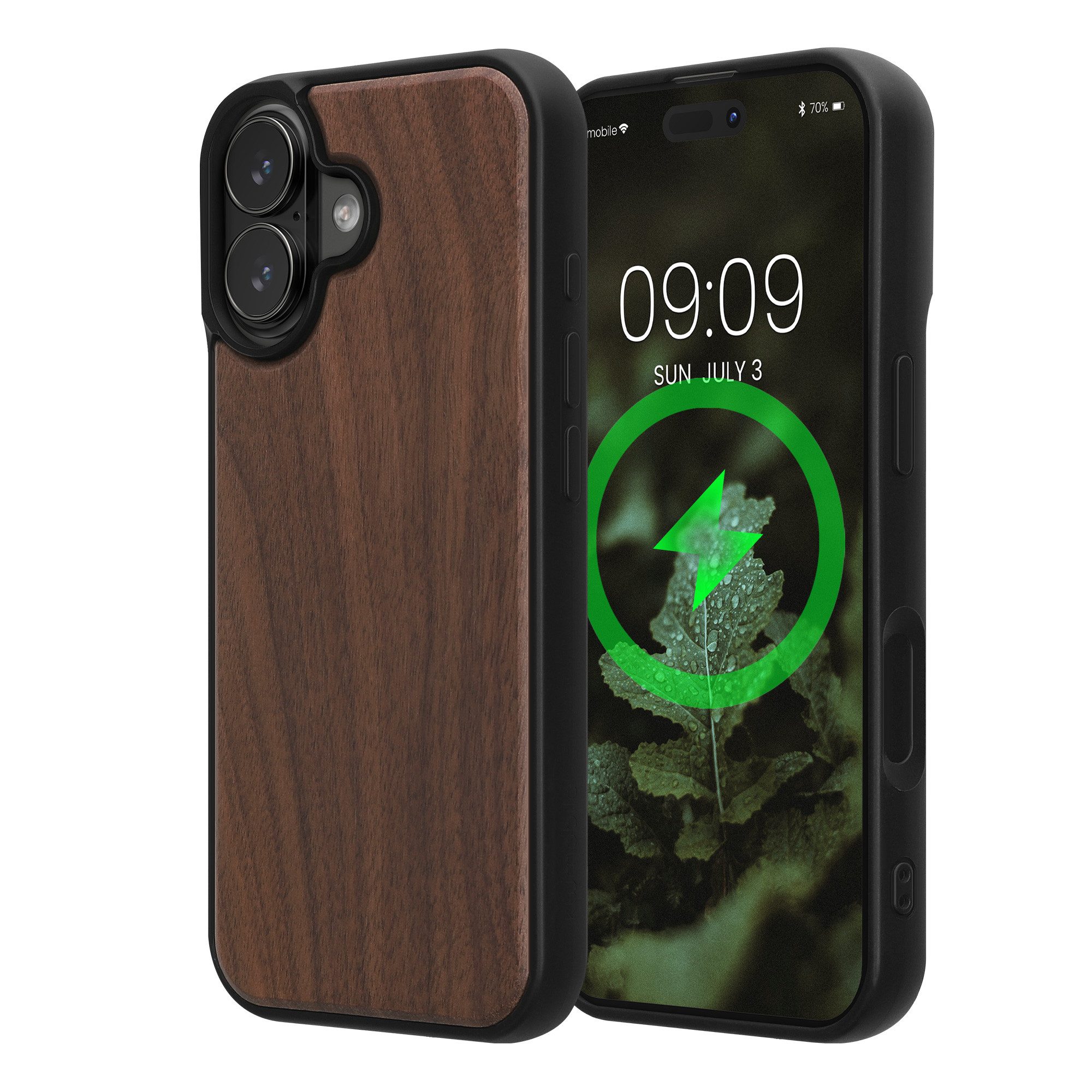 kwmobile Smartphone-Hülle Echtholz Schutzhülle für Apple iPhone 17 Hülle, Cover aus Holz und TPU - Kompatibel mit MagSafe - Walnussholz