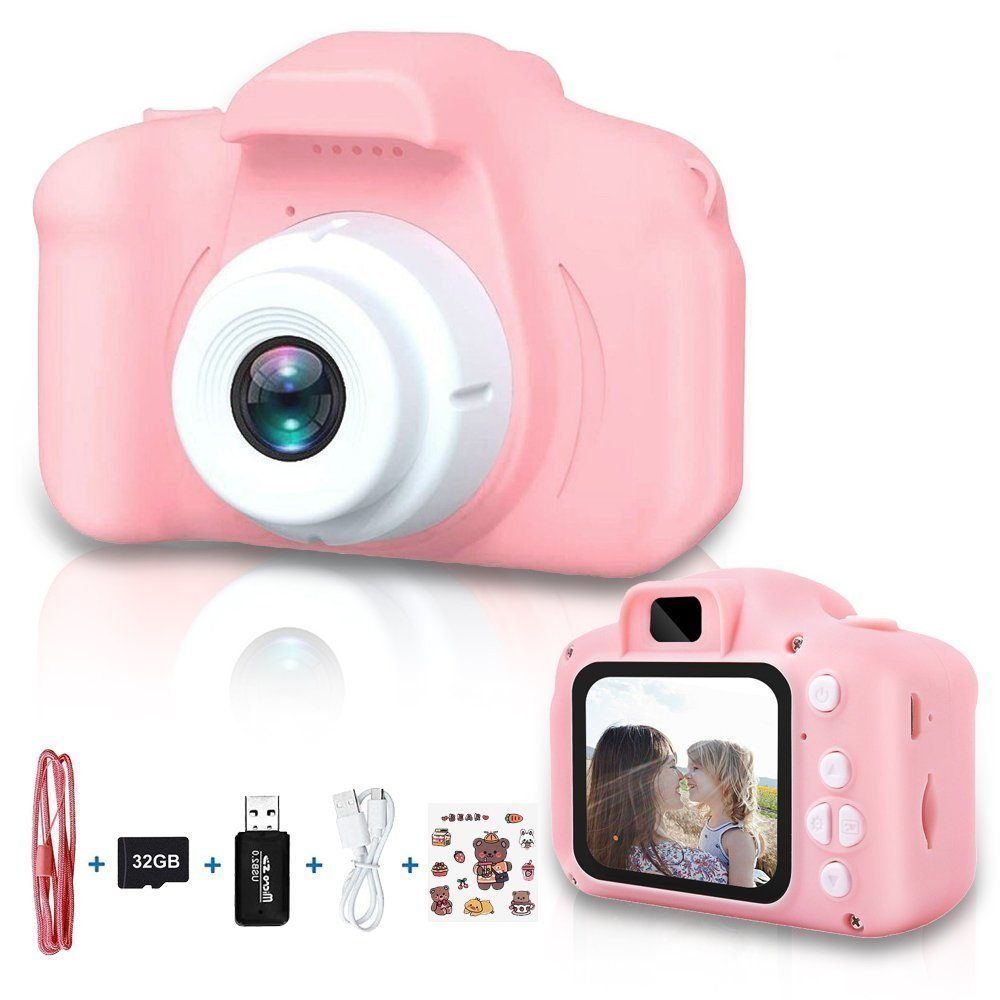 Tadow Kinder Kamera,mit 2.0-Zoll,Cartoon-Aufkleber,1080P HD 32GB,USB,rosa Kinderkamera