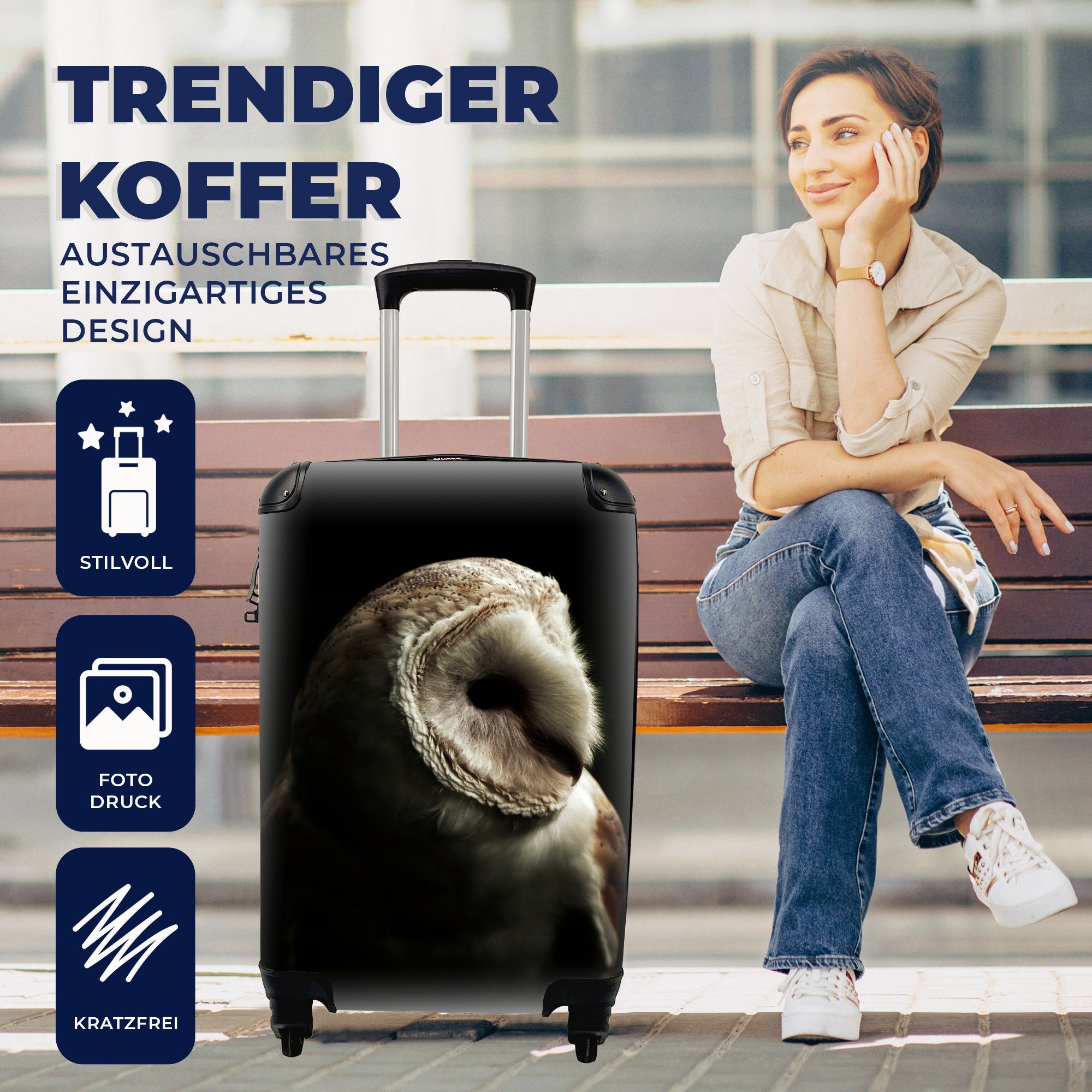 Porträt, mit 4 Handgepäck für Reisetasche Vogel - Eule Handgepäckkoffer Trolley, Reisekoffer Rollen, MuchoWow rollen, Ferien, -