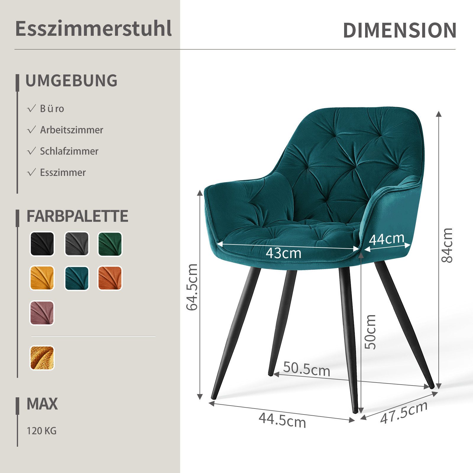 JYMTOM Esszimmerstuhl mit dickem Samtstoff gepolsterter Sitz, Armlehnen und Rückenlehne (2 St), als Tee-/Lese-Eckstuhl oder als Schreibtischstuhl – Bild 2 von 5