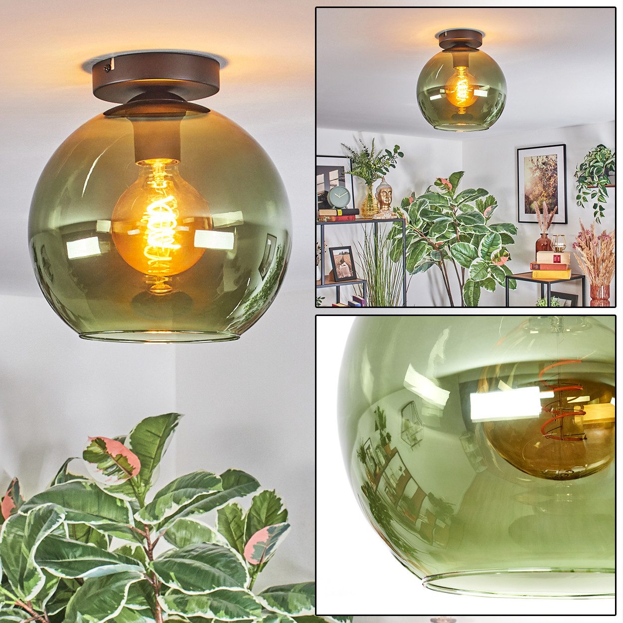 hofstein Deckenleuchte Deckenlampe aus Metall/Glas in Schwarz/Grün, Deckenleuchte im modernen Vintage-Design (Schirm Ø 25 cm), 1 x E27