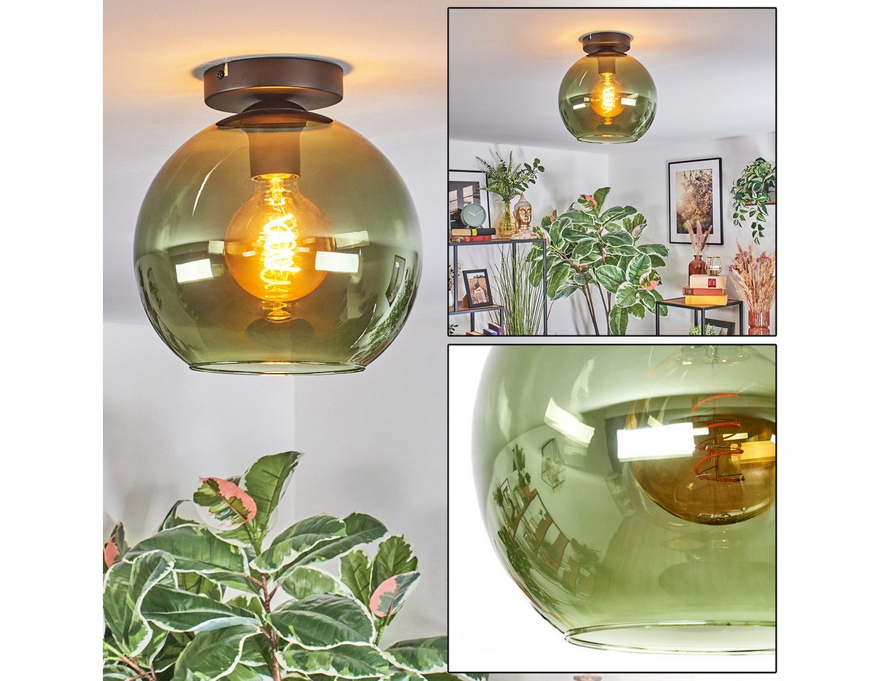 hofstein Deckenleuchte Deckenlampe aus Metall/Glas in Schwarz/Grün, Deckenleuchte im modernen Vintage-Design (Schirm Ø 25 cm), 1 x E27