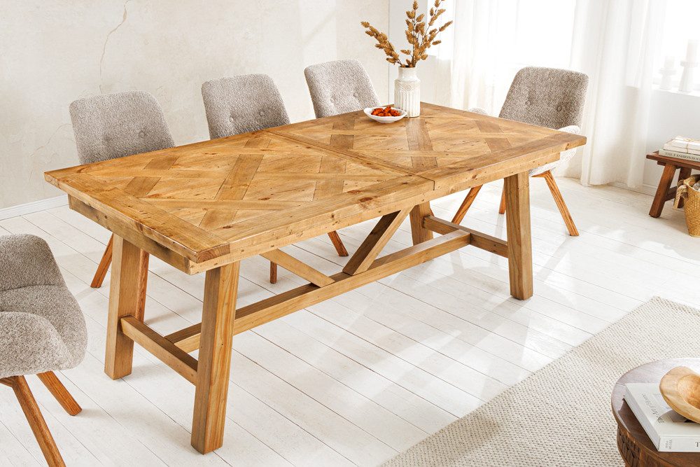 riess-ambiente Esstisch RIVIERA 180-240cm natur - recyceltes Pinienholz, mit Einlegeplatte (Einzelartikel, 1-St), Industrial Design mit Querstrebe – ideal für bis zu 12 Personen