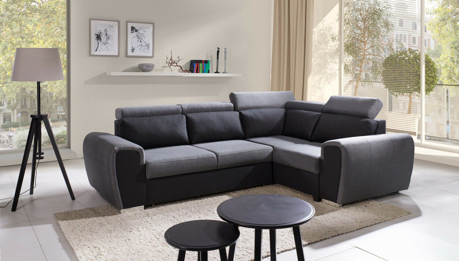 JVmoebel Ecksofa, Sofa Schlafsofa Designer Sofa mit Bettfunktion - Bettkasten Ecksofa Grau/Schwarz