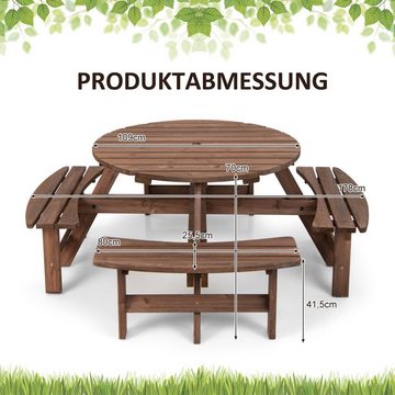 COSTWAY Gartentisch, Picknicktisch mit 4 Bänken, Schirmloch, 178x178x70cm