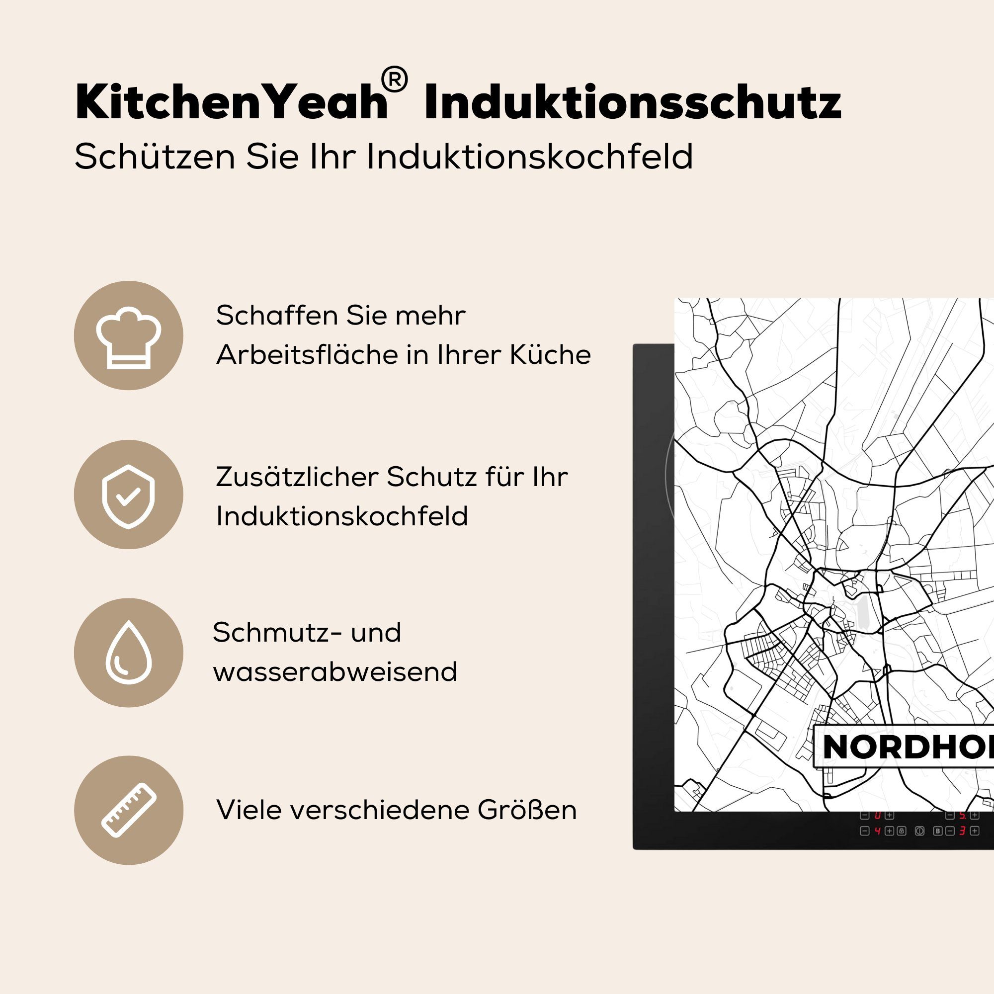 MuchoWow Herdblende-/Abdeckplatte Nordhorn - Vinyl, Ceranfeldabdeckung, (1 tlg), cm, küche 78x78 Karte - Stadtplan Arbeitsplatte - Karte, für